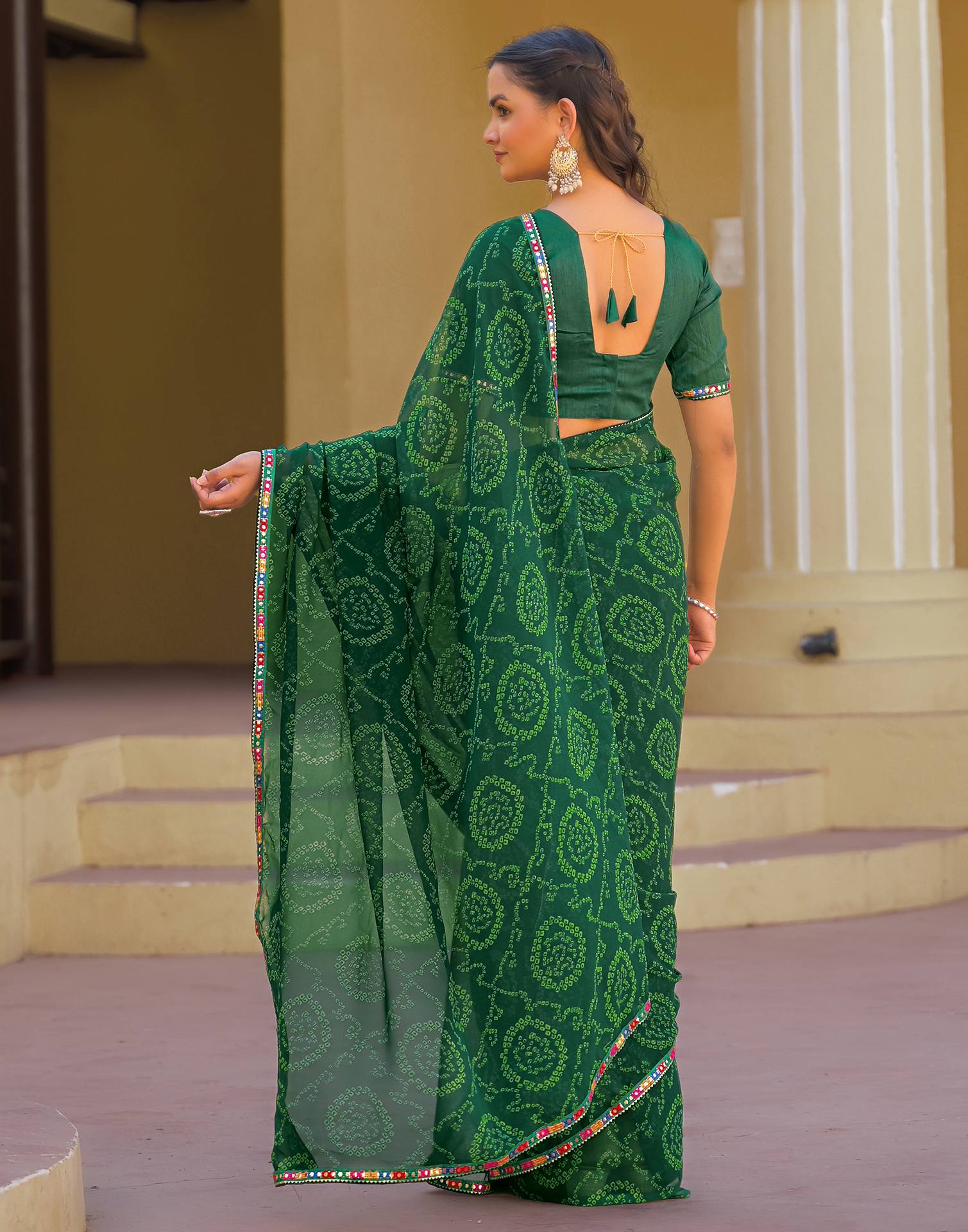 Dark Green Georgette Printed Bandhani Saree - Image 7