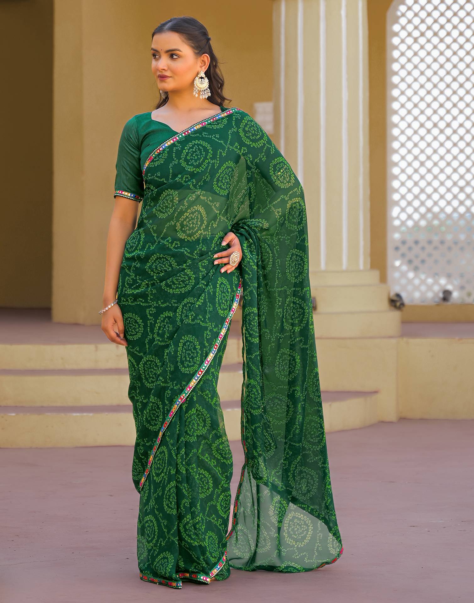Dark Green Georgette Printed Bandhani Saree - Image 8