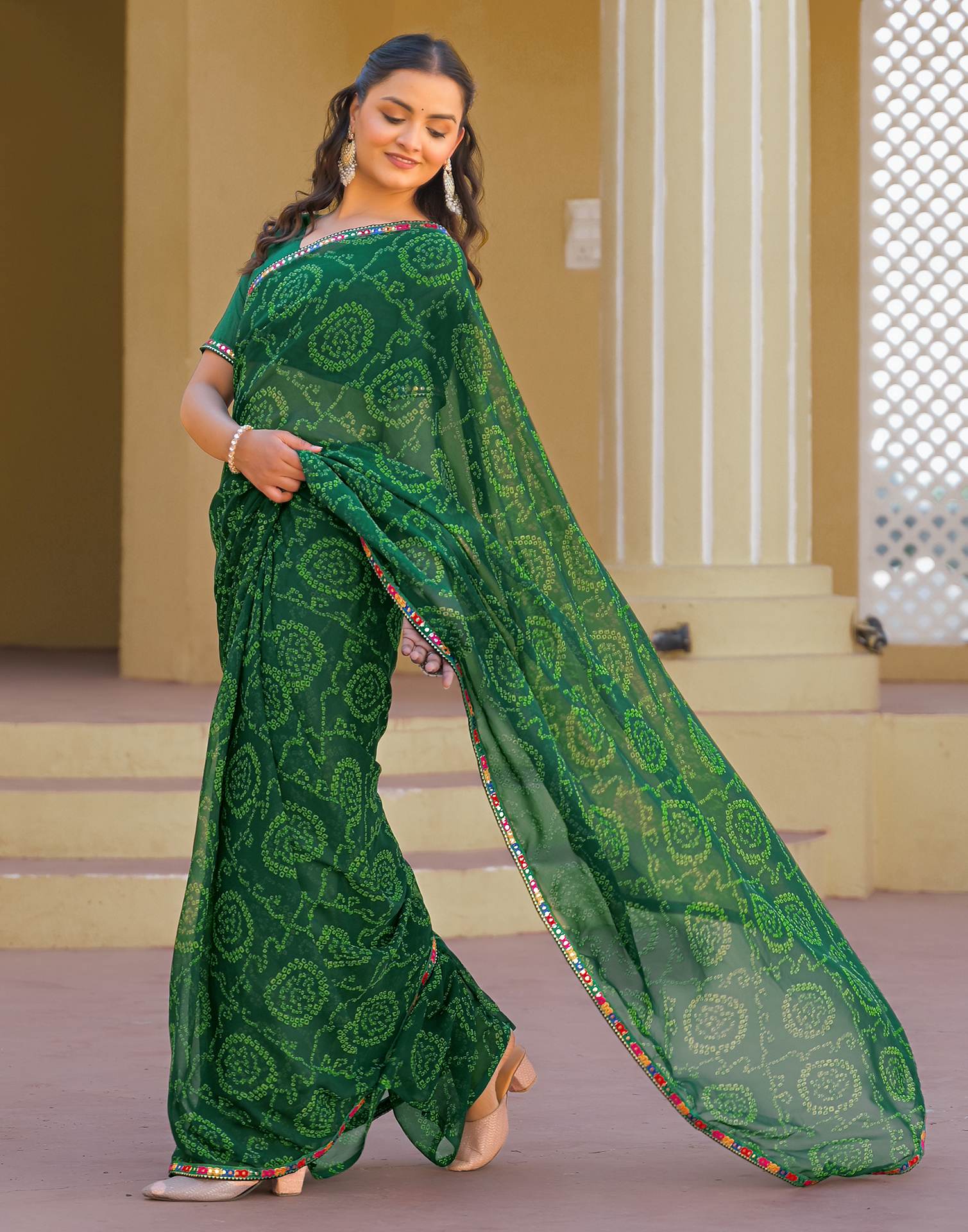 Dark Green Georgette Printed Bandhani Saree - Image 9