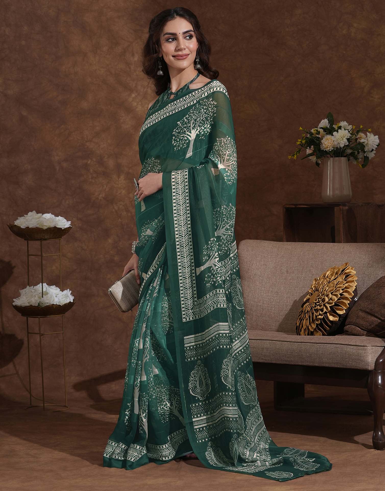 Dark Green Georgette Printed Saree - Image 4