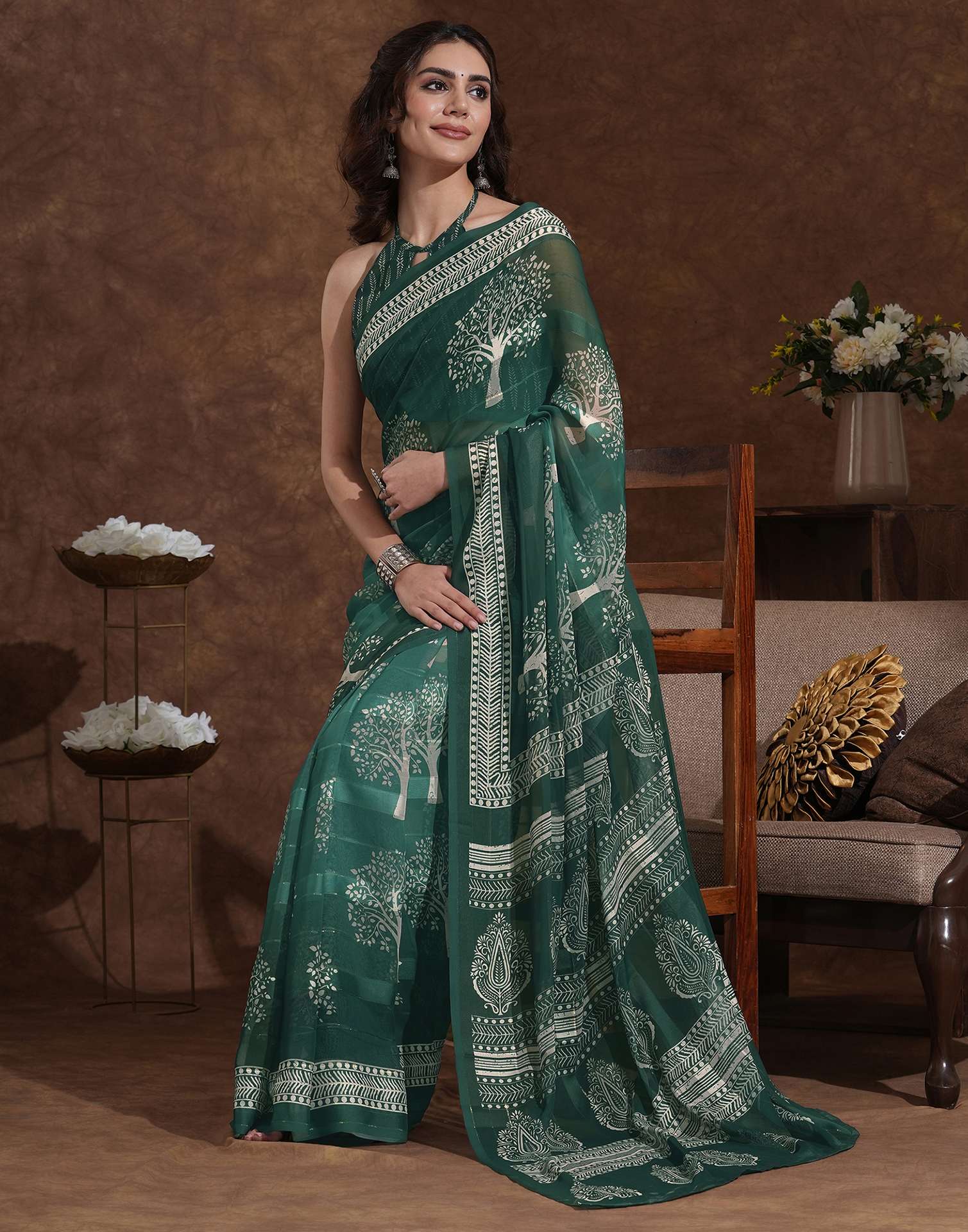 Dark Green Georgette Printed Saree - Image 5