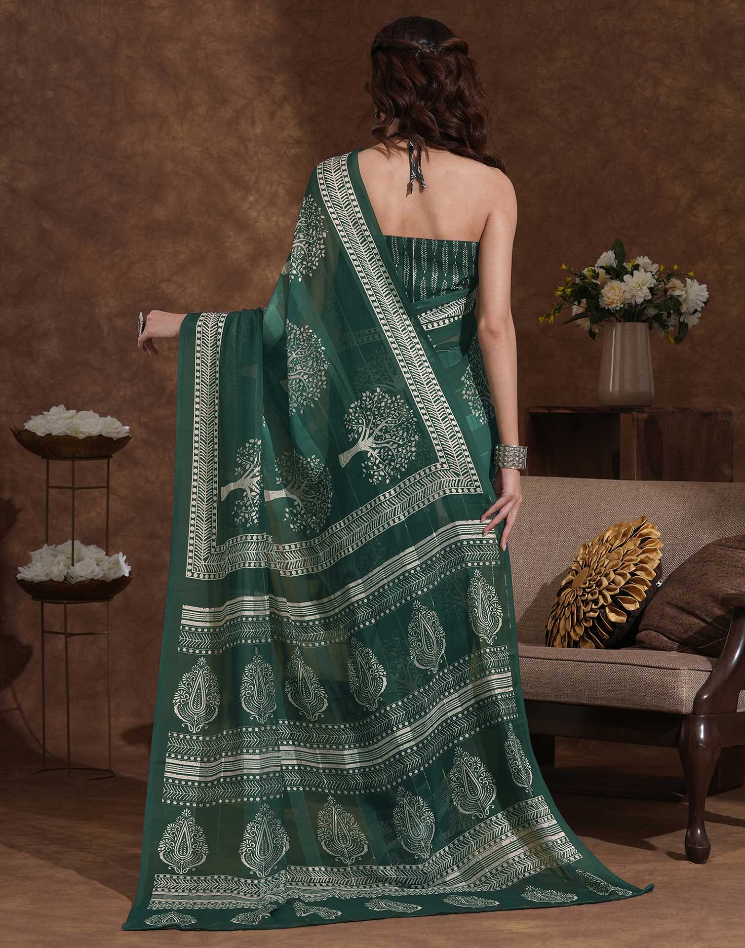 Dark Green Georgette Printed Saree - Image 6