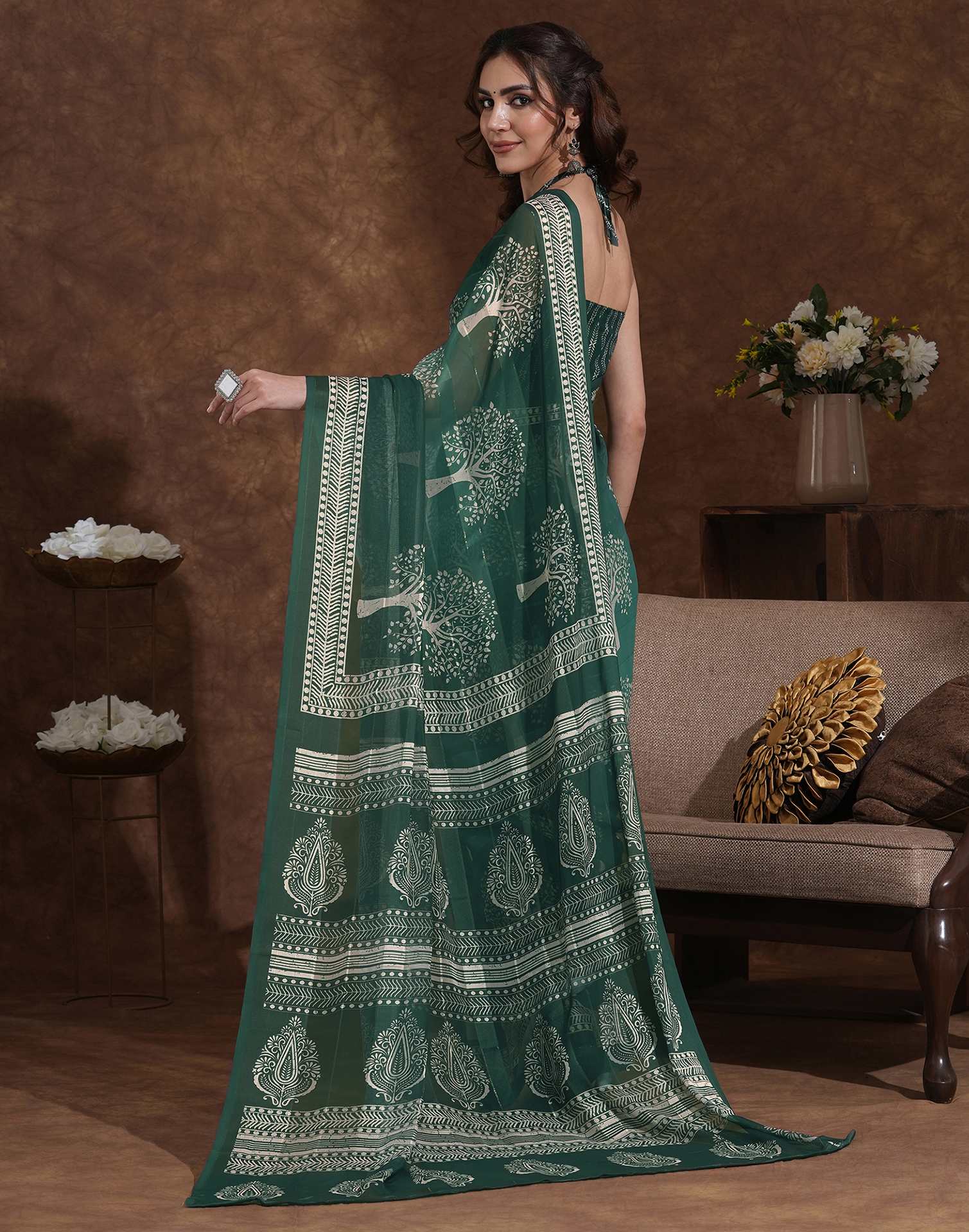 Dark Green Georgette Printed Saree - Image 7