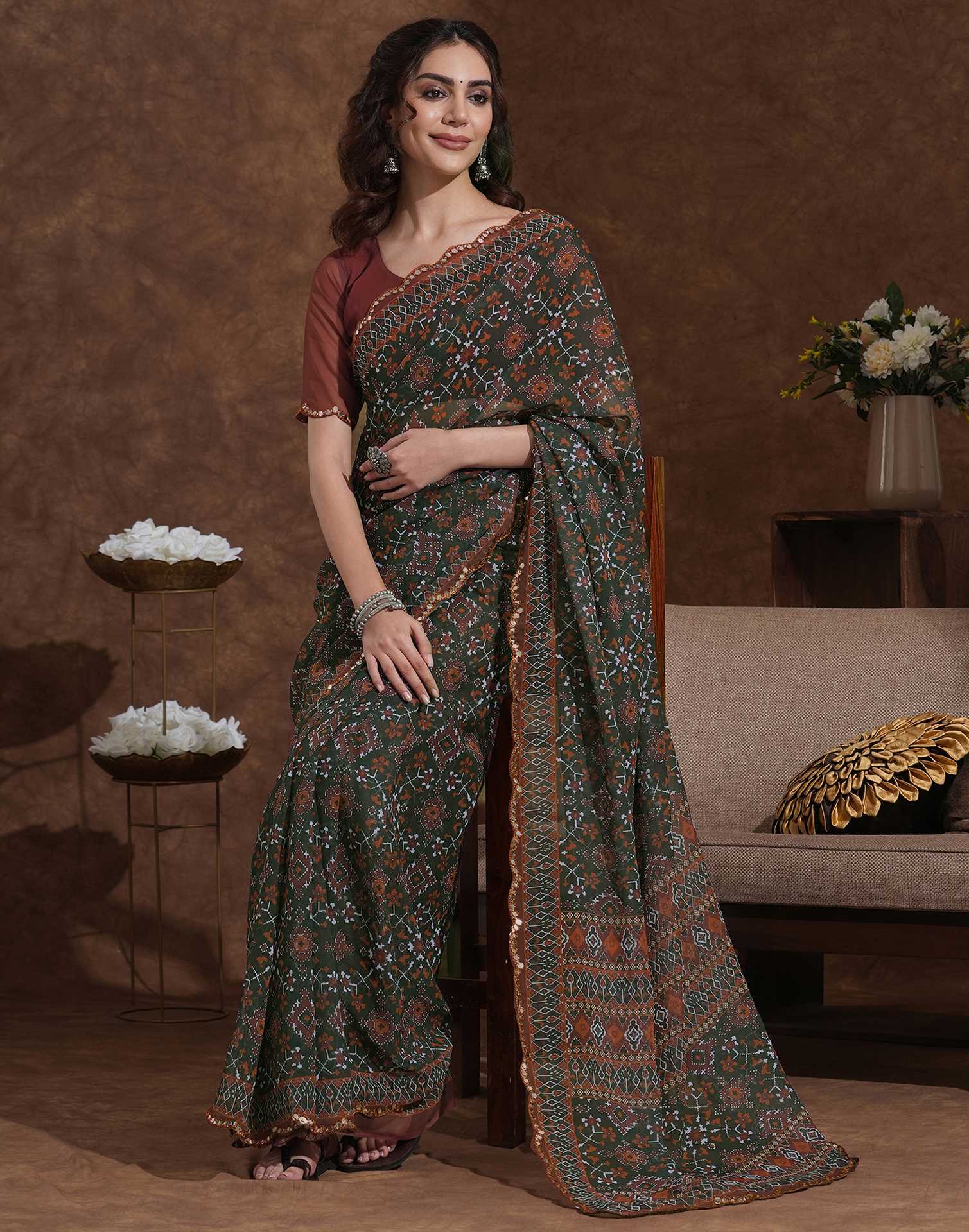 Dark Green Georgette Printed Saree - Image 5