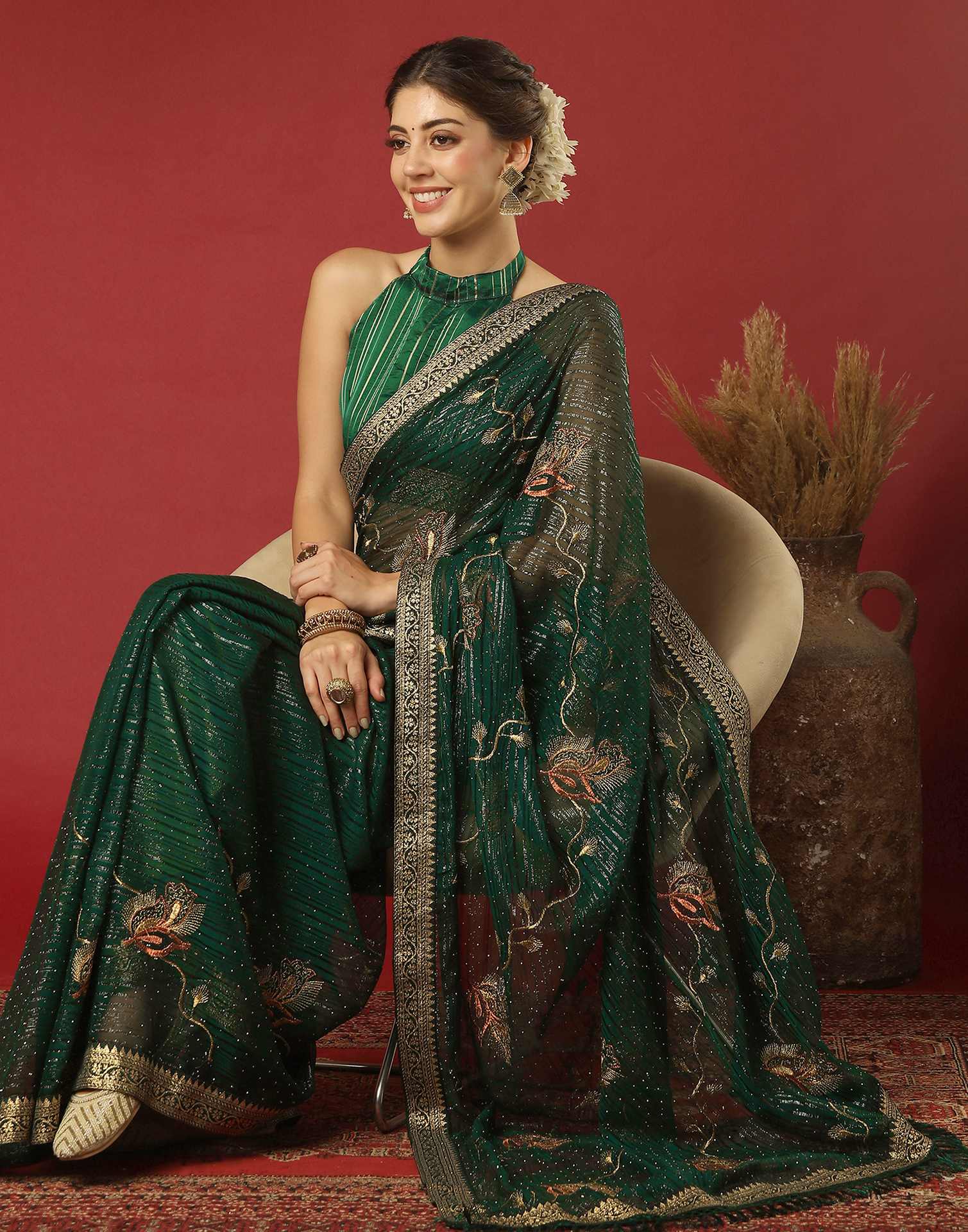 Dark Green Georgette Stone Work Embellished Saree - Image 4