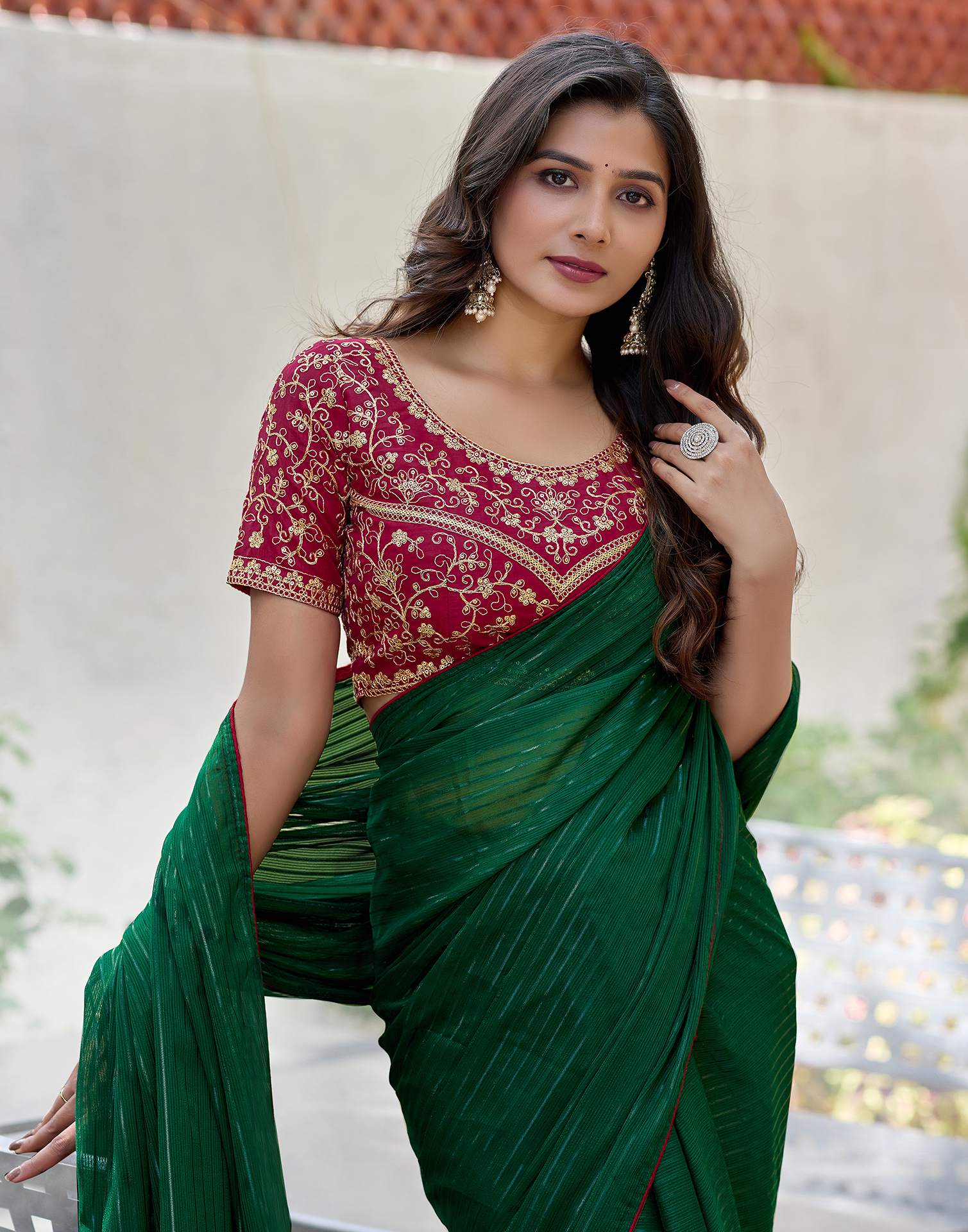 Dark Green Georgette Zari Stripe Saree - Image 2
