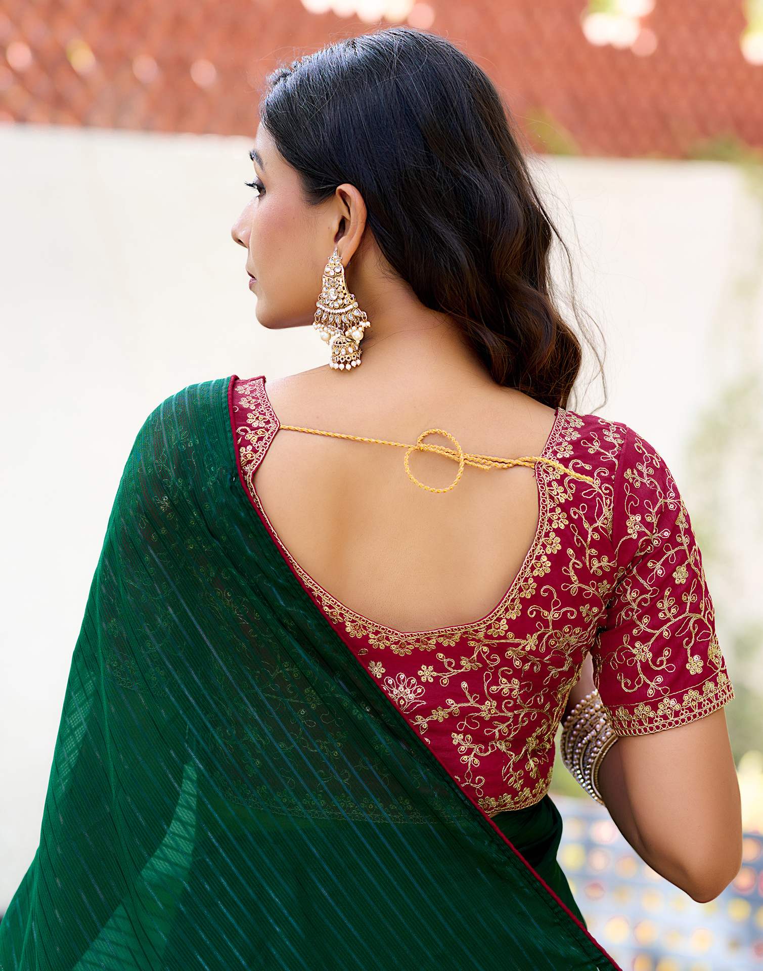 Dark Green Georgette Zari Stripe Saree - Image 4