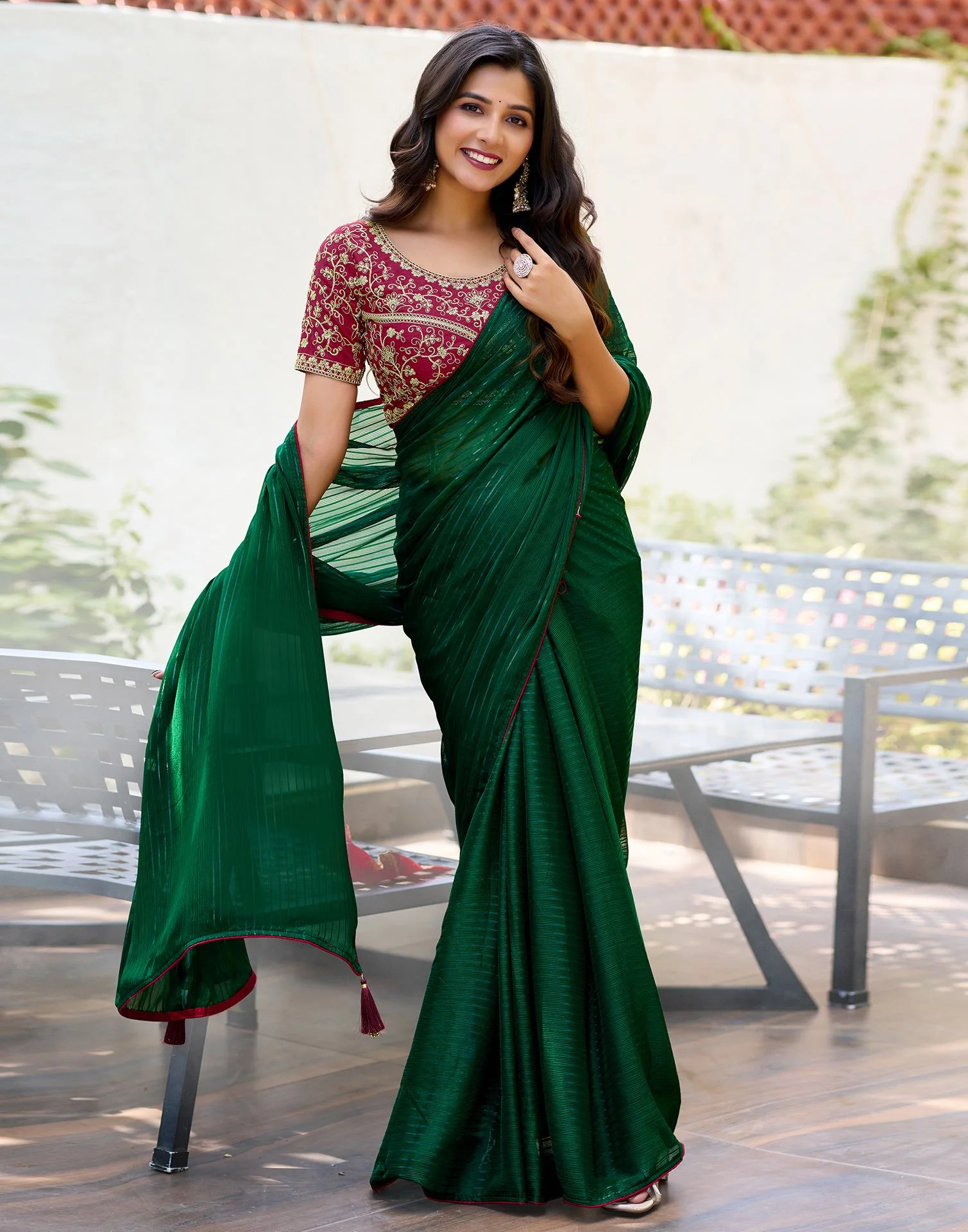 Dark Green Georgette Zari Stripe Saree - Image 5