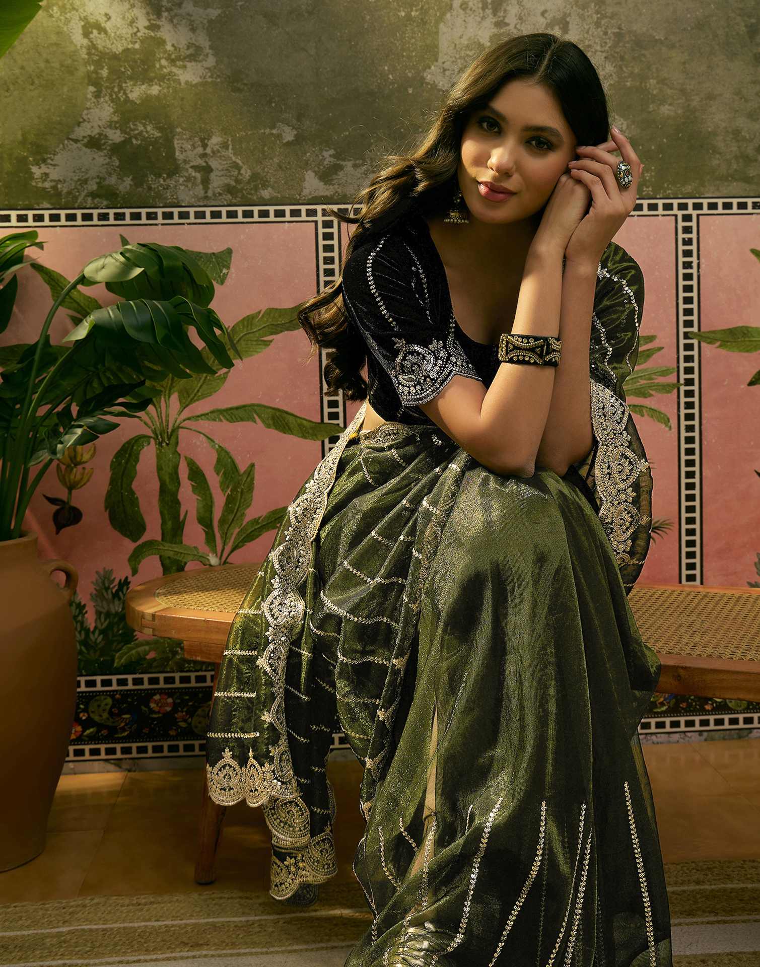 Dark Green Net Sequence Embroidery Saree - Image 4