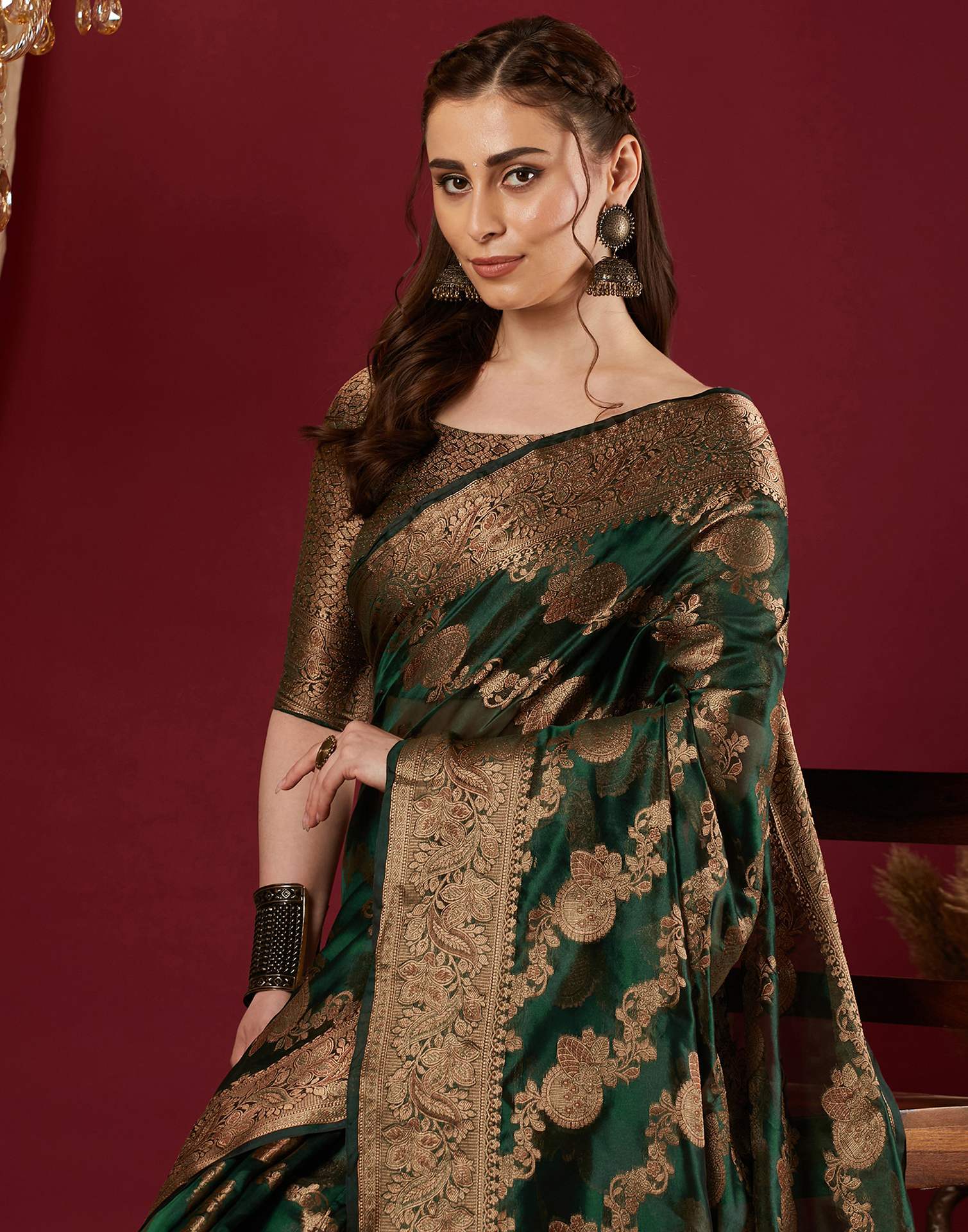 Dark Green Organza Woven Banarasi Saree - Image 2
