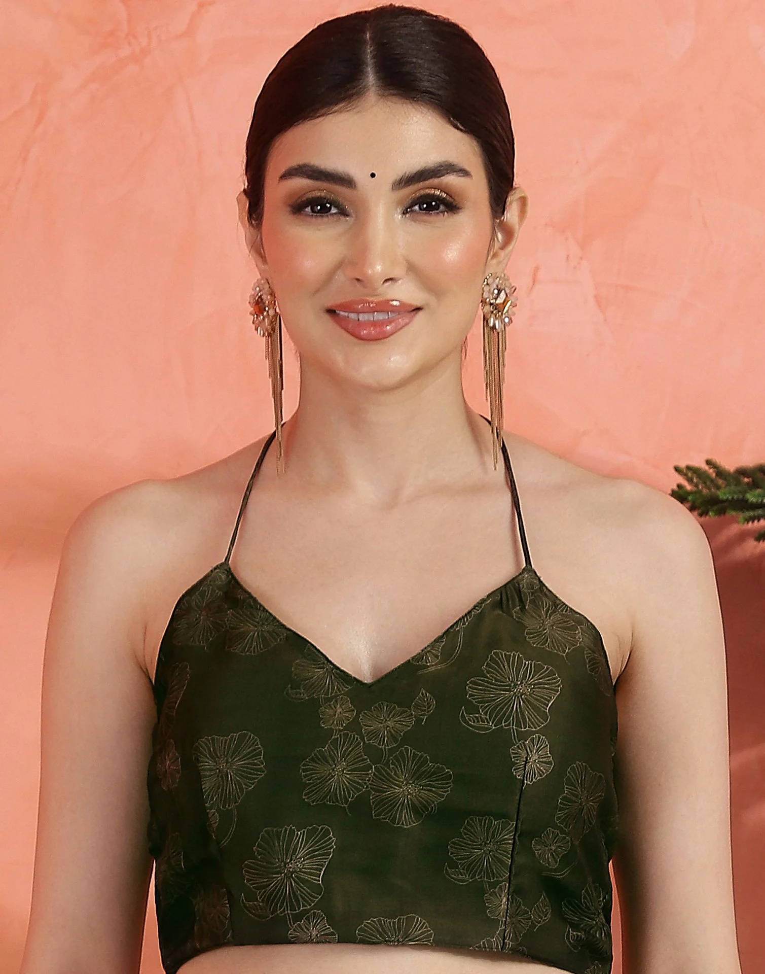 Dark Green Satin Printed Saree - Image 10