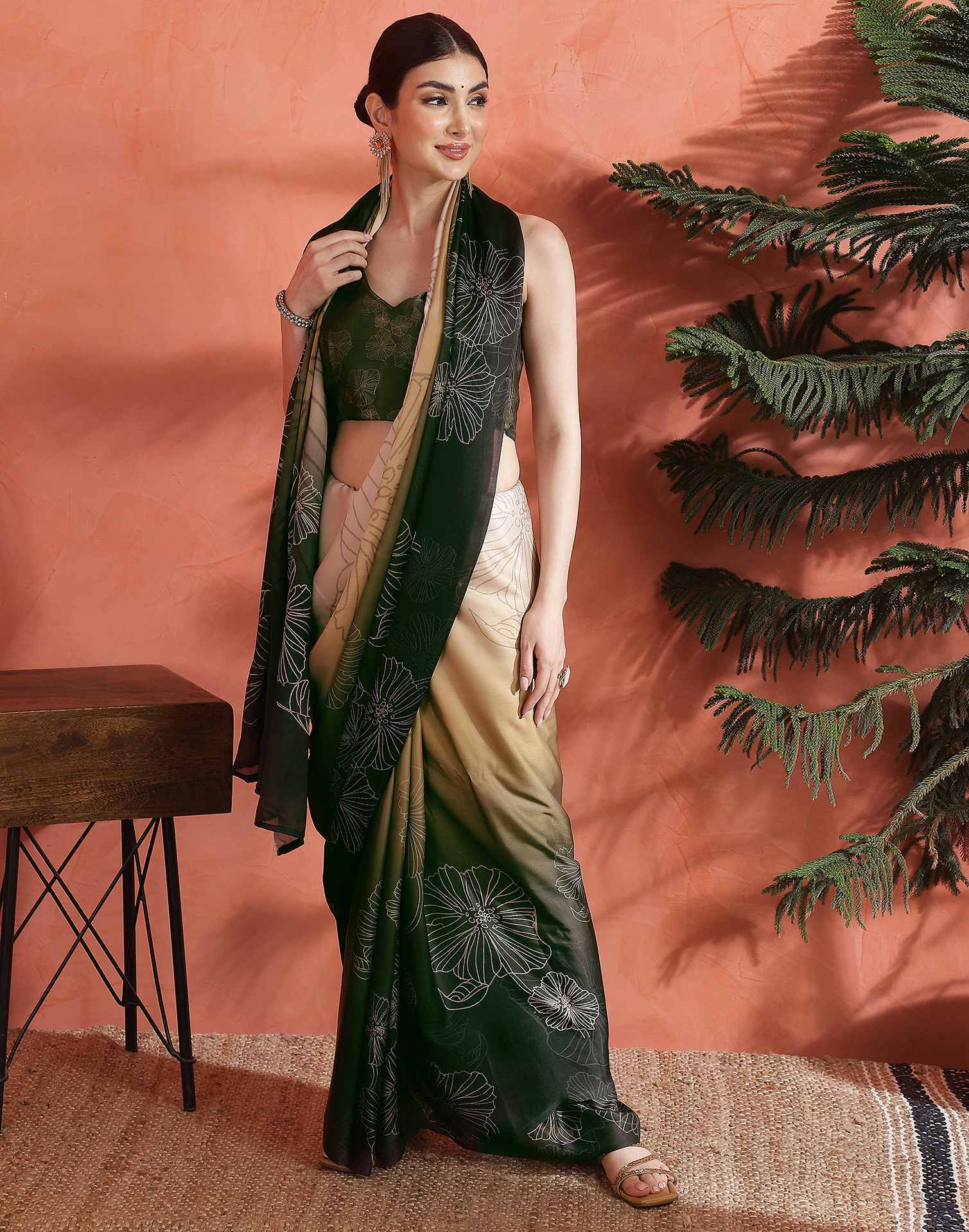 Dark Green Satin Printed Saree - Image 6