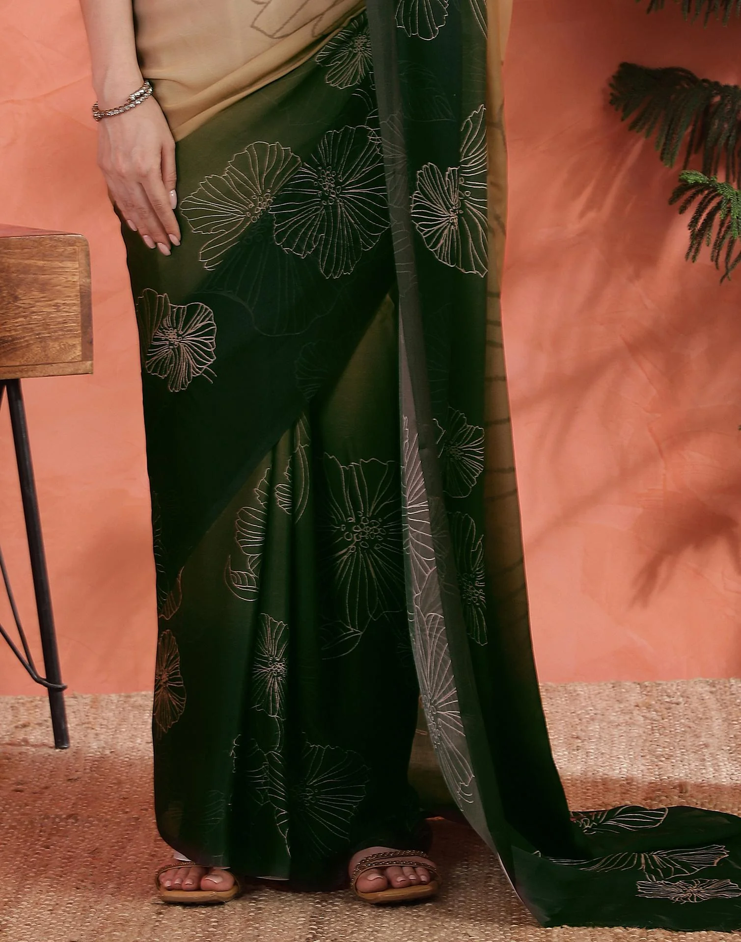 Dark Green Satin Printed Saree - Image 8