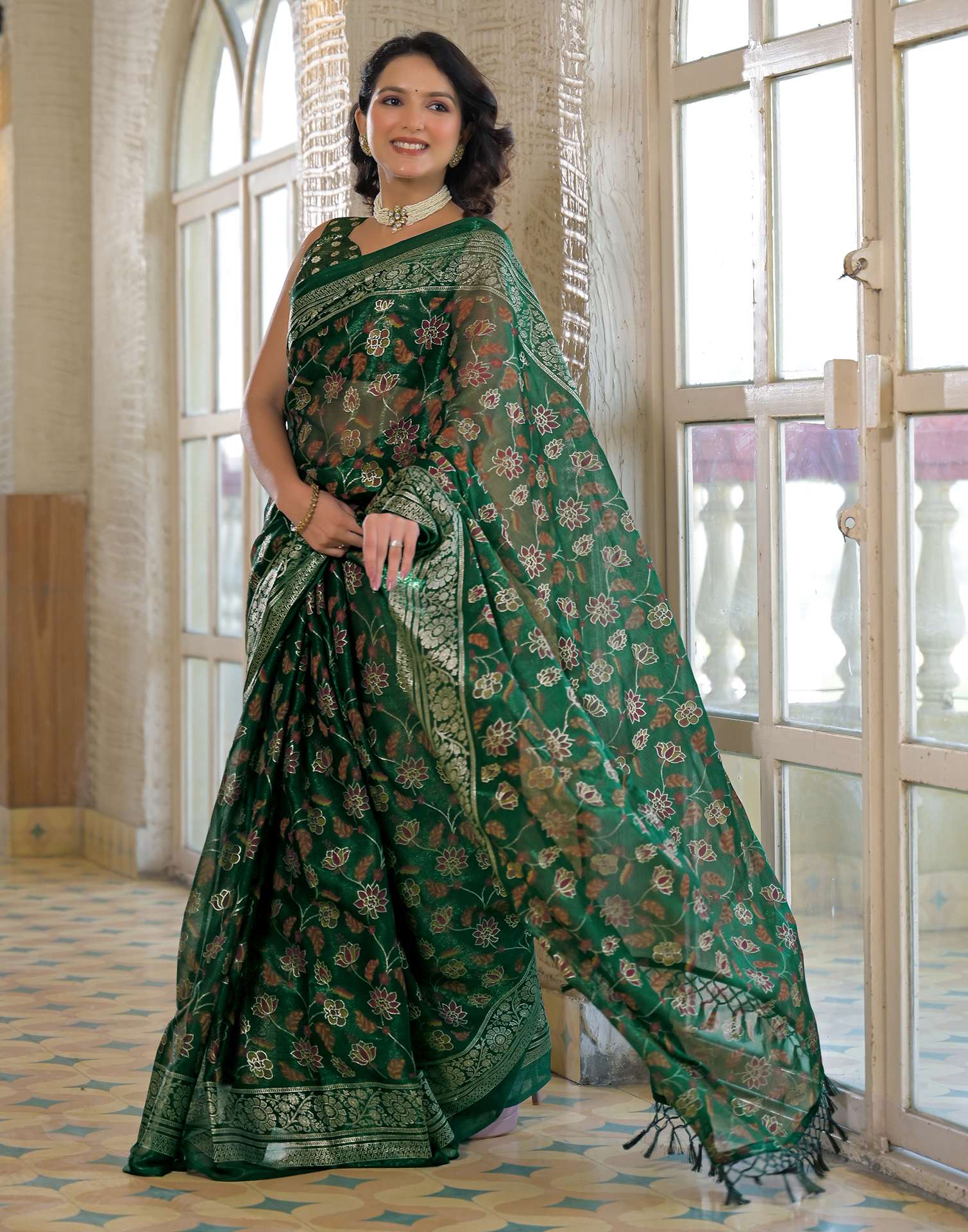 Dark Green Shimmer Chiffon Foil Printed Saree - Image 4