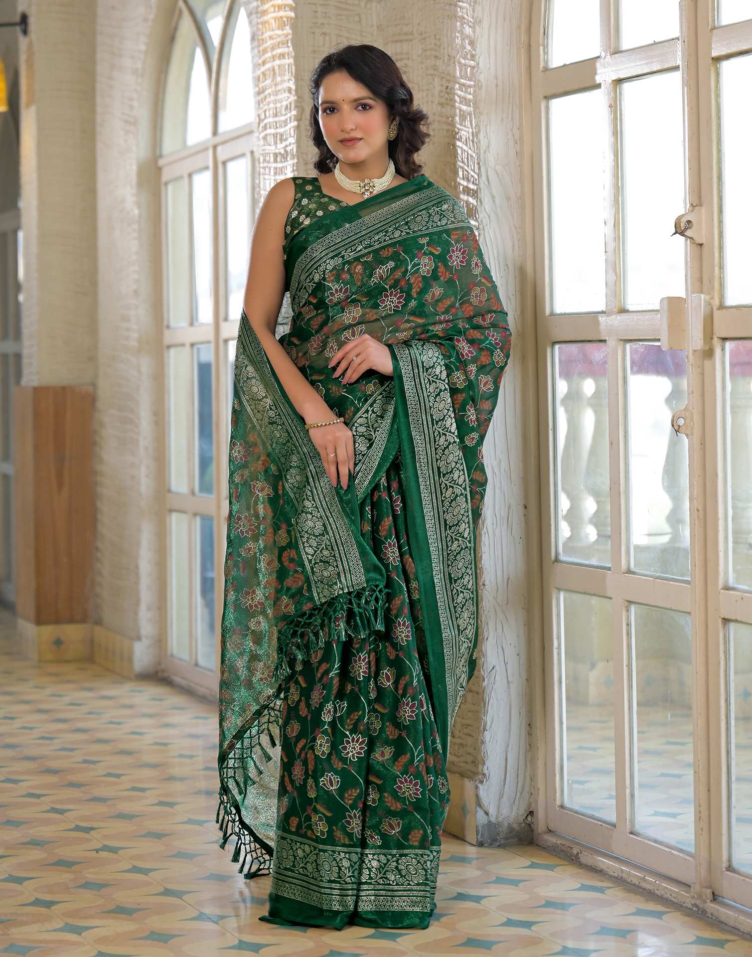 Dark Green Shimmer Chiffon Foil Printed Saree - Image 5