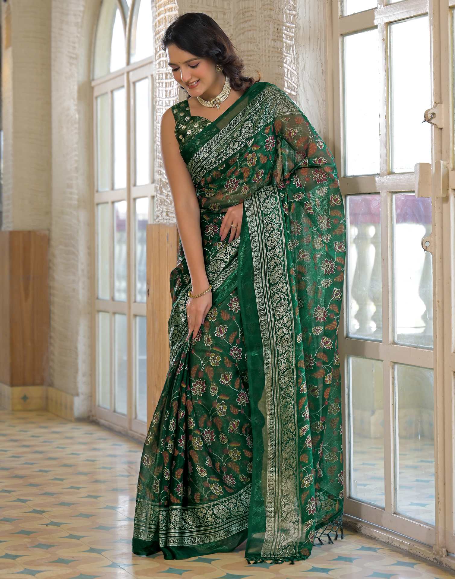 Dark Green Shimmer Chiffon Foil Printed Saree - Image 7