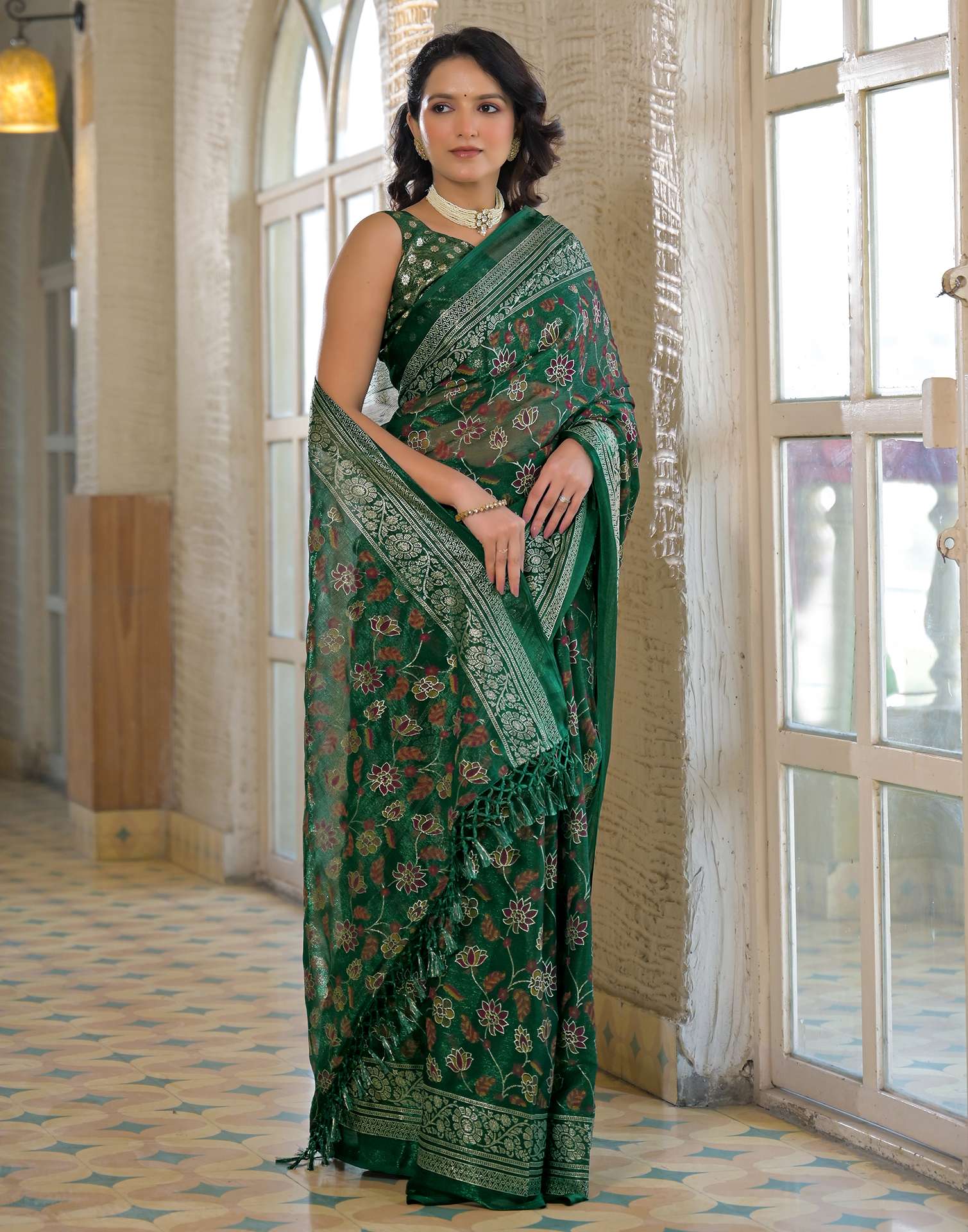 Dark Green Shimmer Chiffon Foil Printed Saree - Image 8
