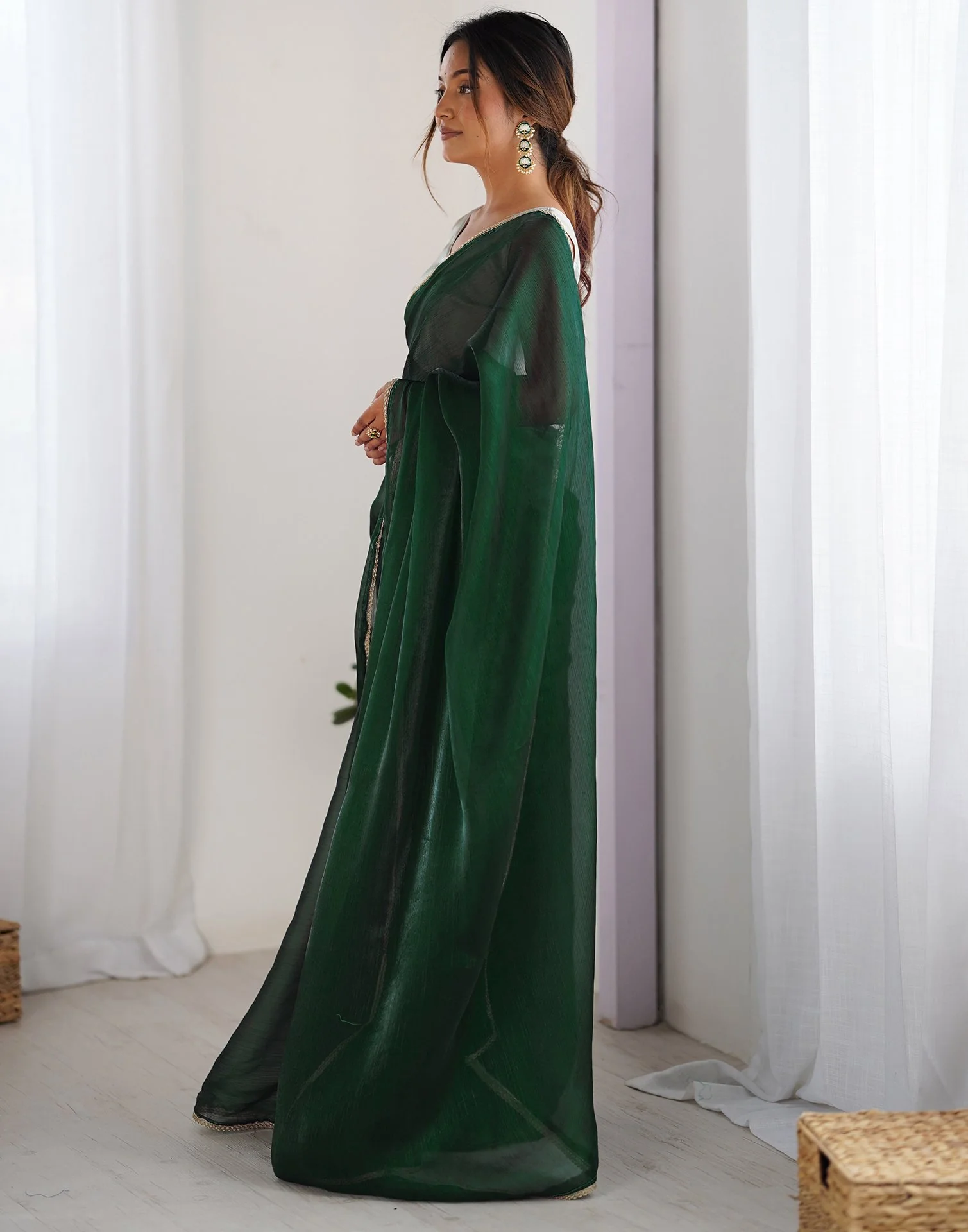 Dark Green Shimmer Chiffon Lace Solid Saree - Image 5