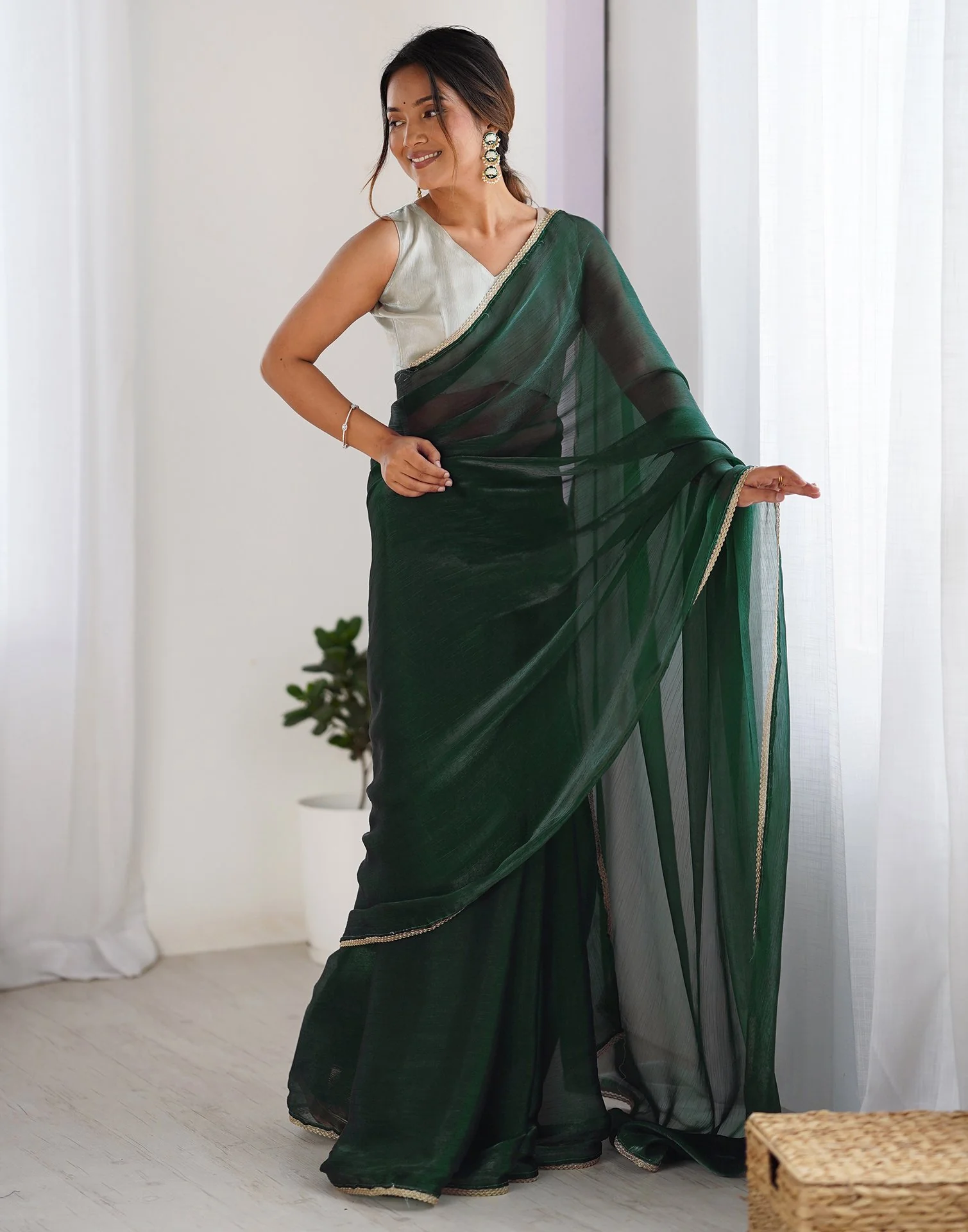 Dark Green Shimmer Chiffon Lace Solid Saree - Image 6