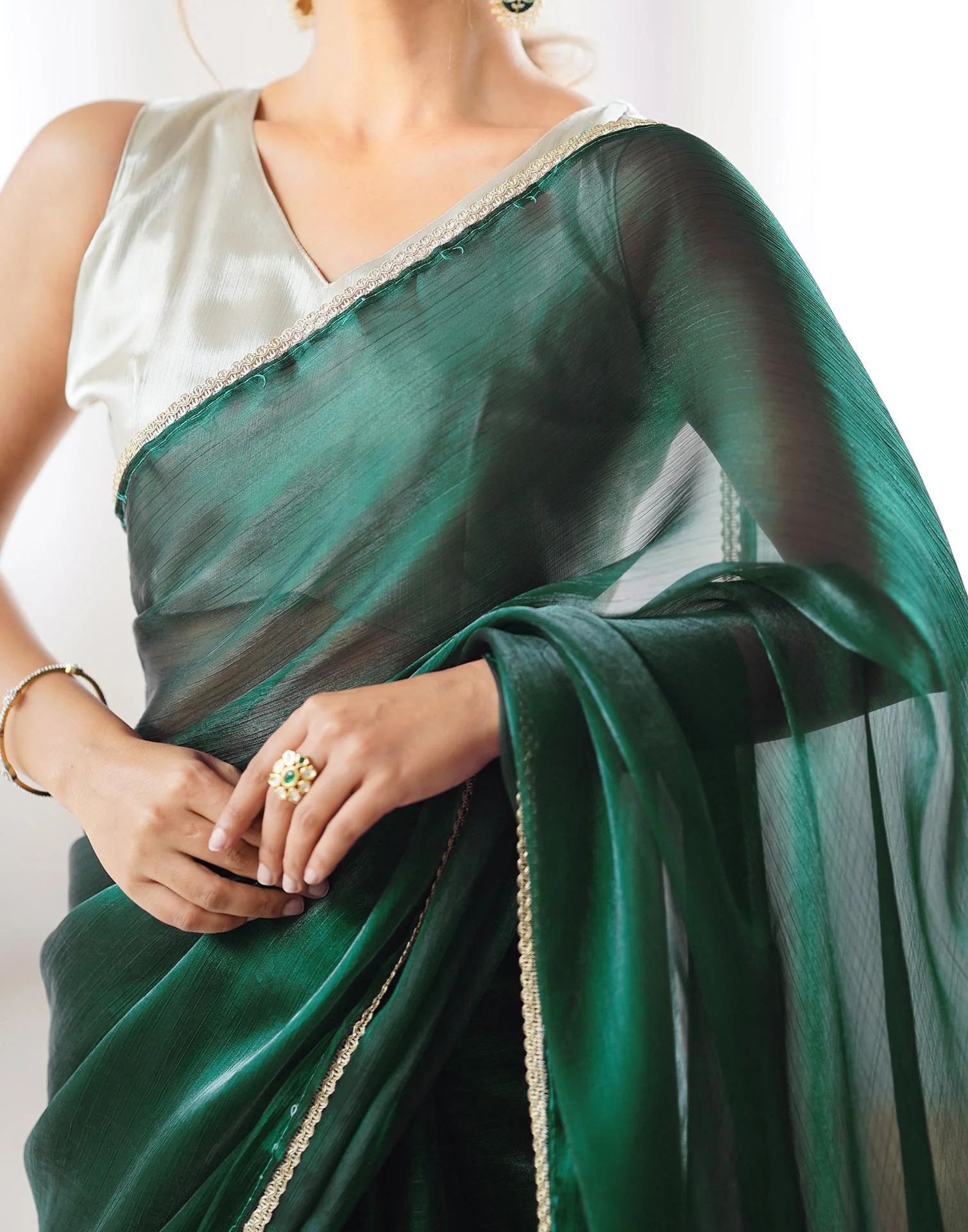 Dark Green Shimmer Chiffon Lace Solid Saree - Image 8