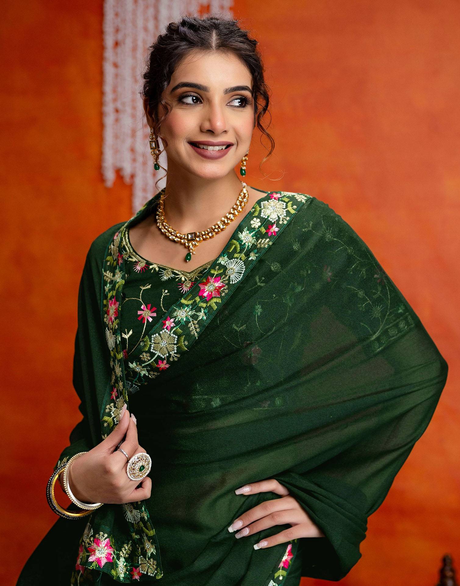 Dark Green Shimmer Embroidery lace Saree - Image 2