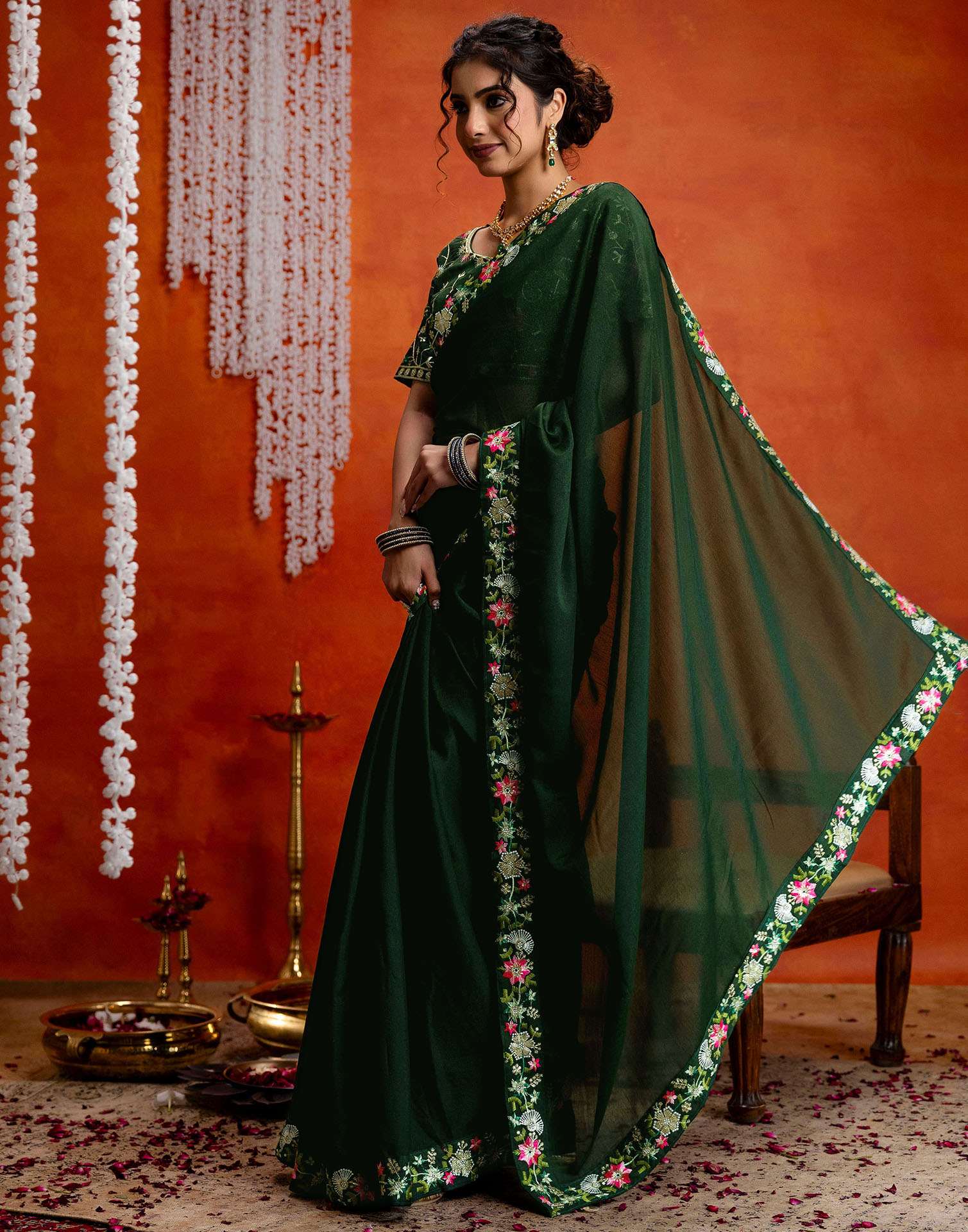 Dark Green Shimmer Embroidery lace Saree - Image 4