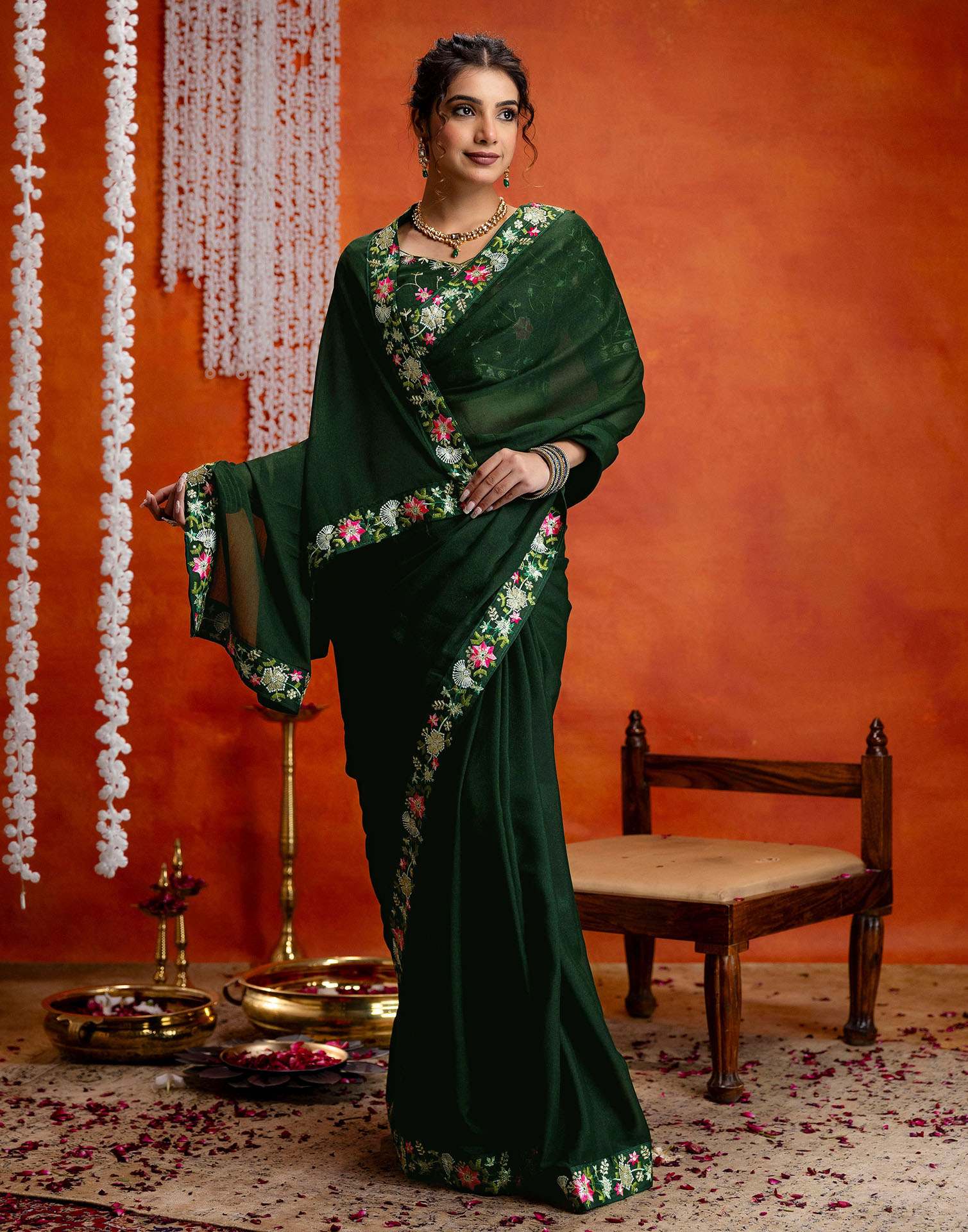 Dark Green Shimmer Embroidery lace Saree - Image 5