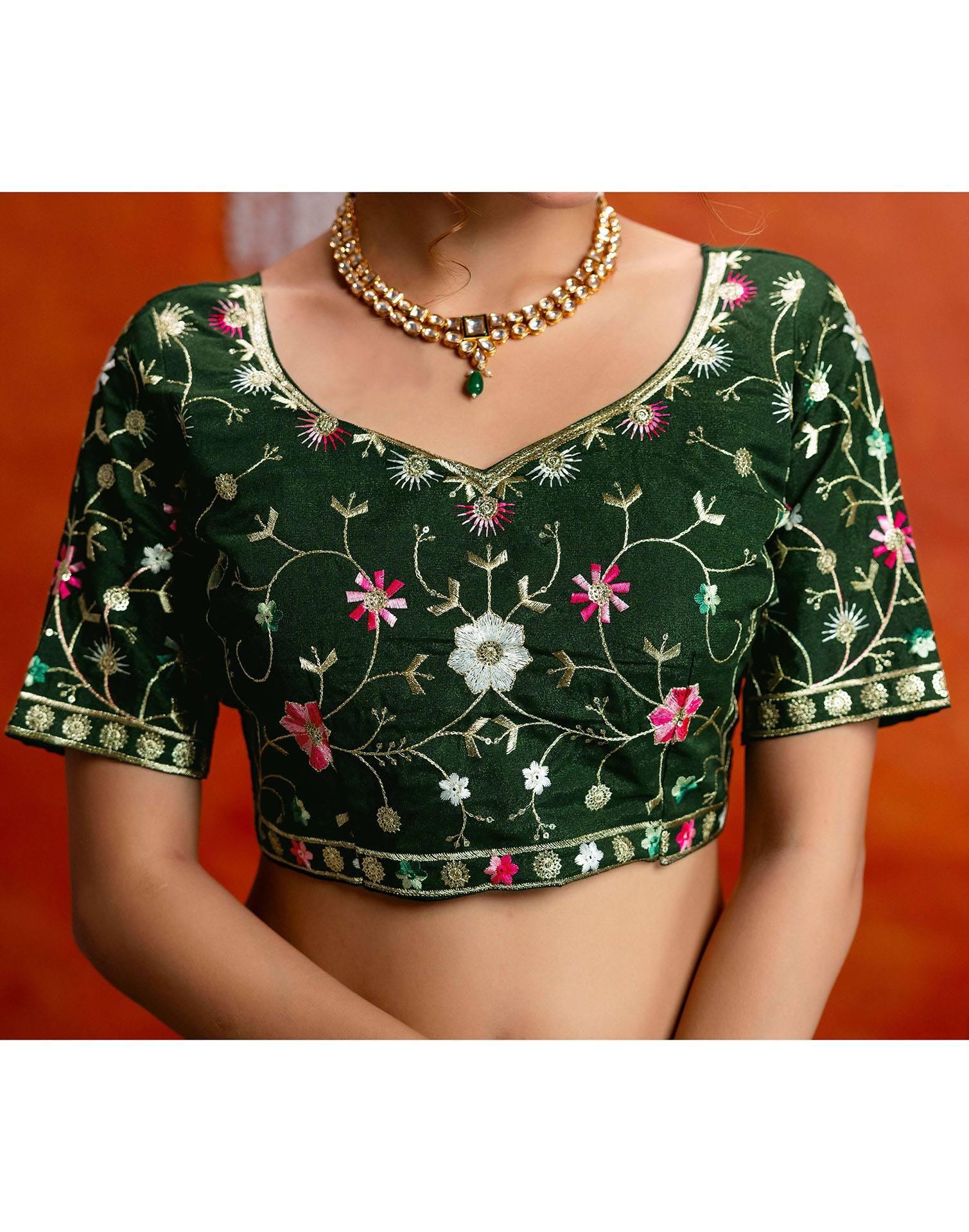 Dark Green Shimmer Embroidery lace Saree - Image 8