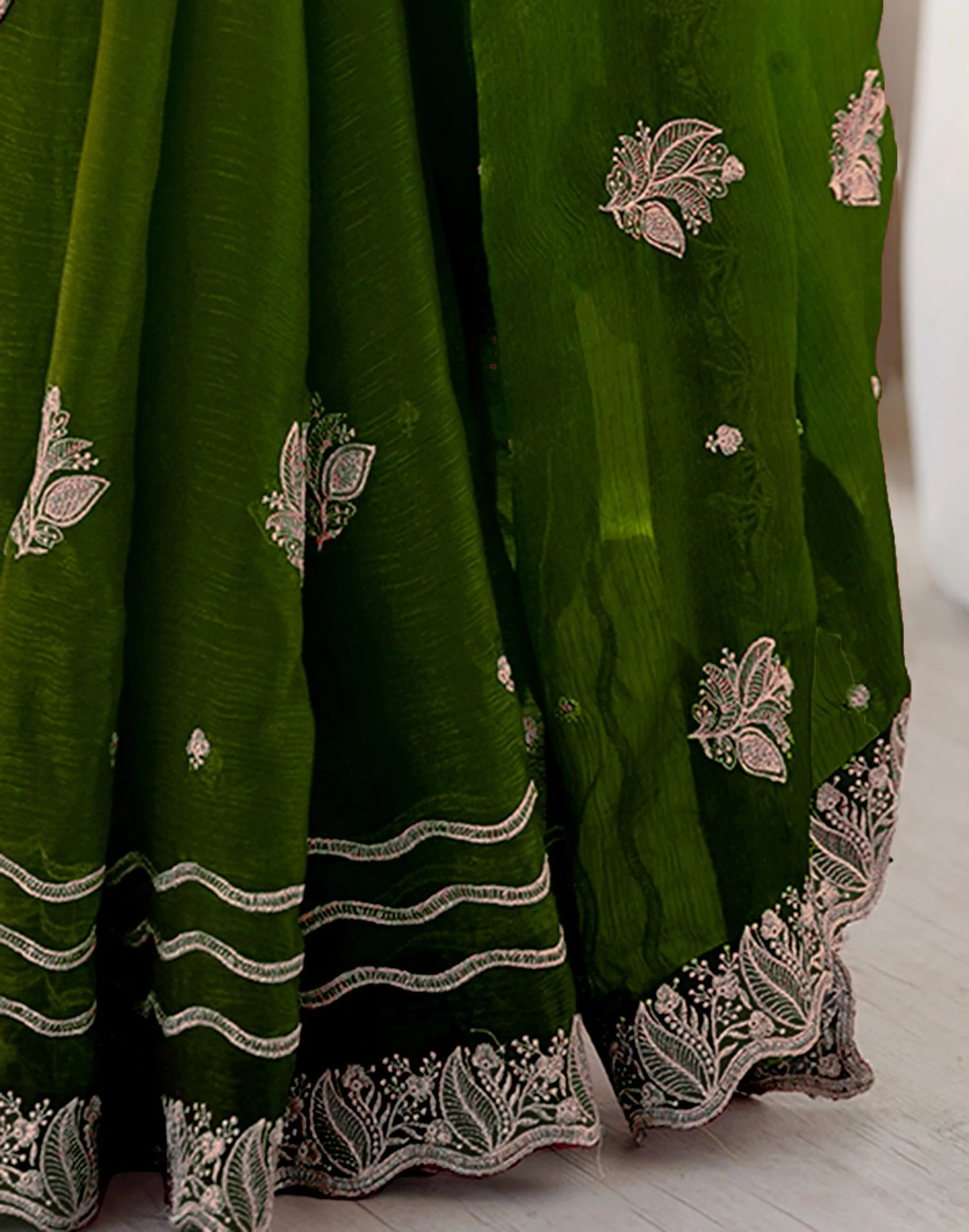 Dark Green Shimmer Embroidery Saree - Image 10