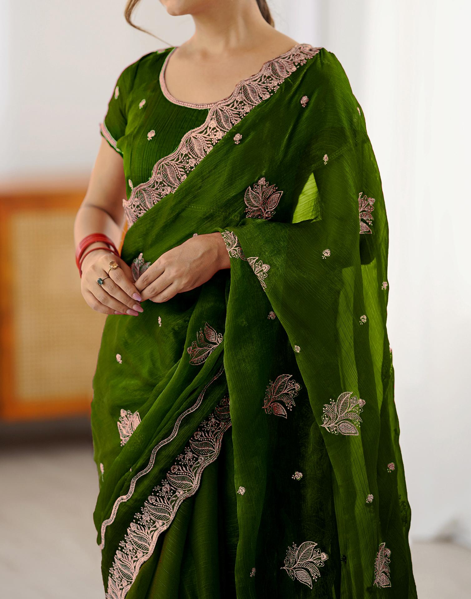 Dark Green Shimmer Embroidery Saree - Image 11