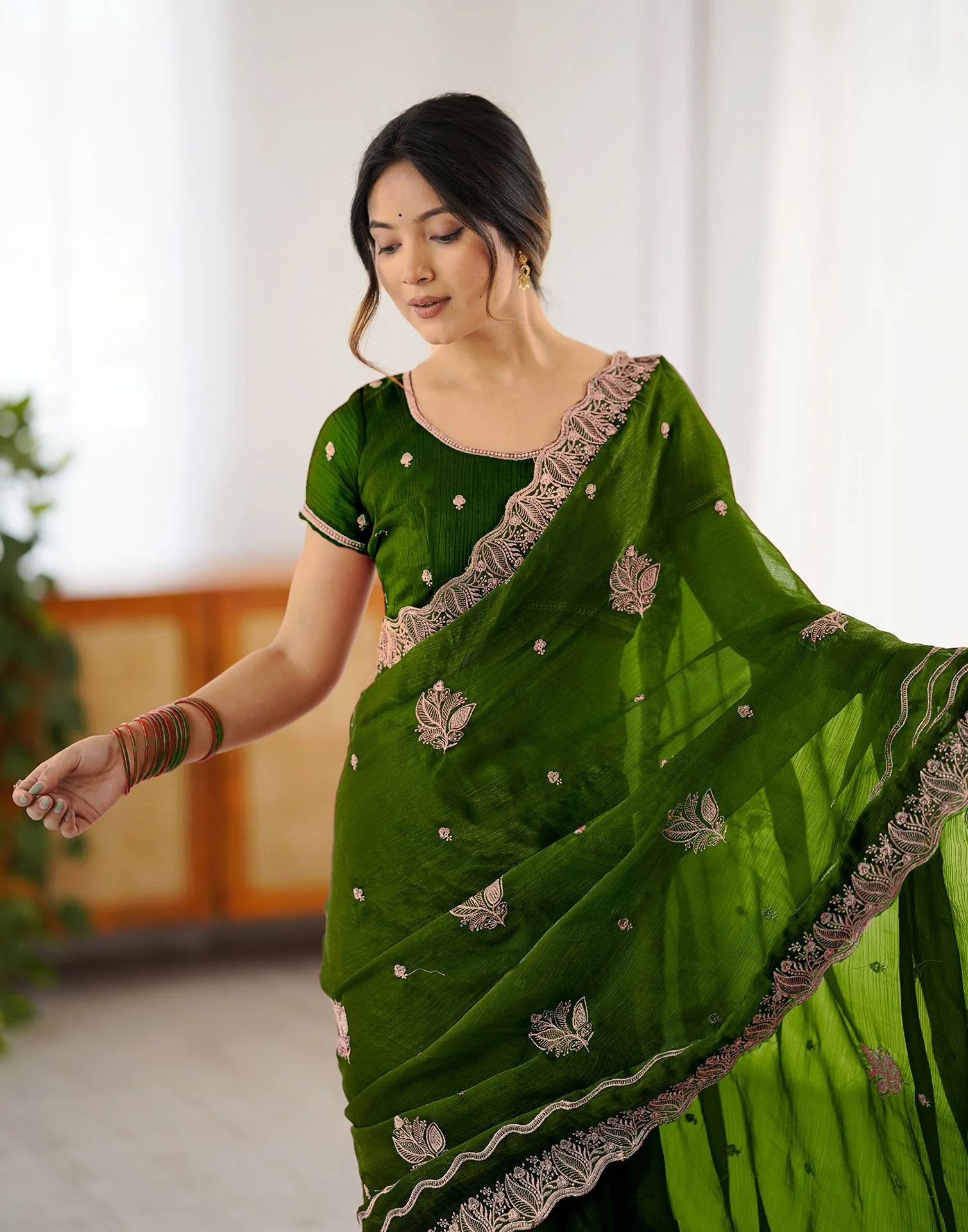 Dark Green Shimmer Embroidery Saree - Image 4