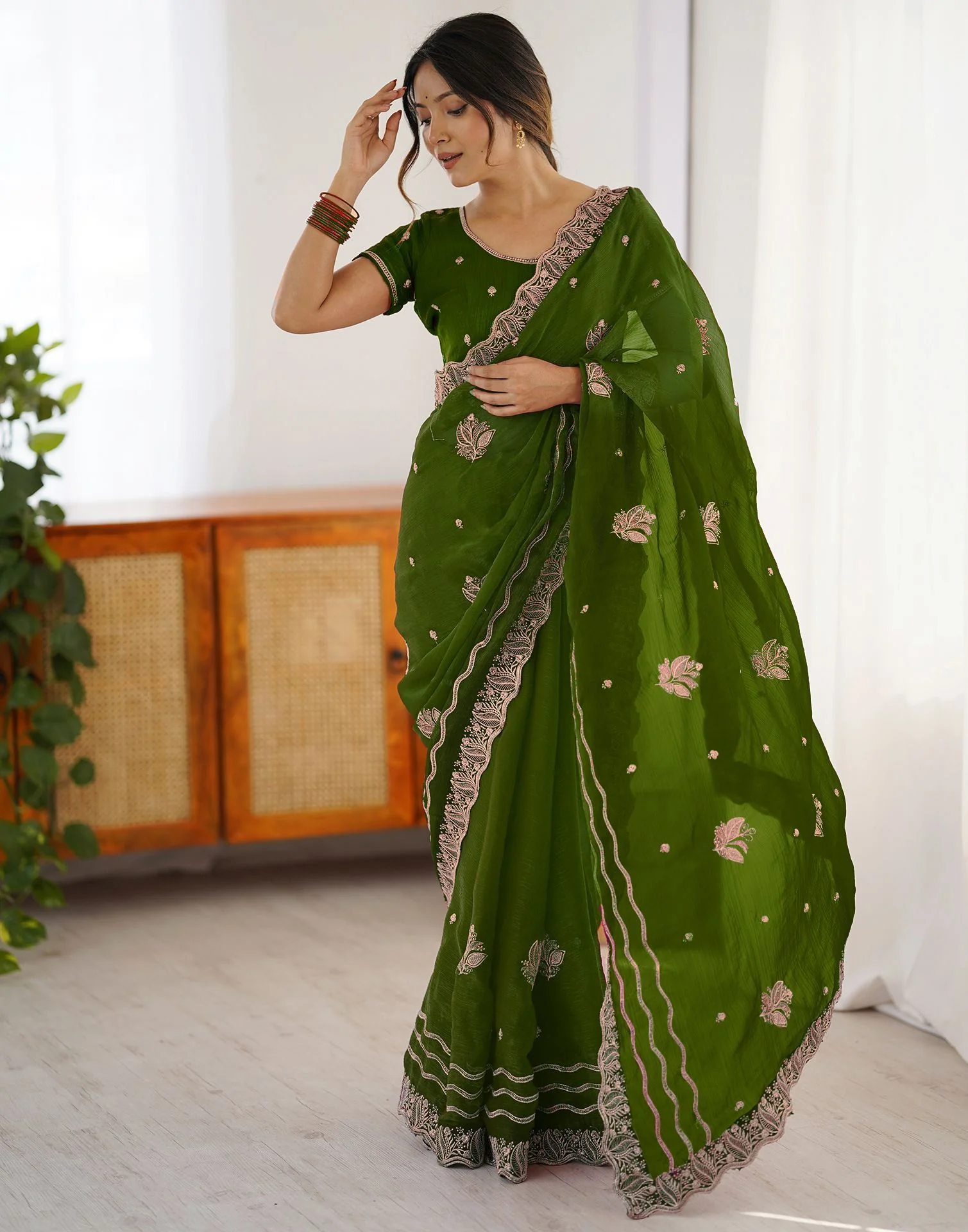 Dark Green Shimmer Embroidery Saree - Image 6