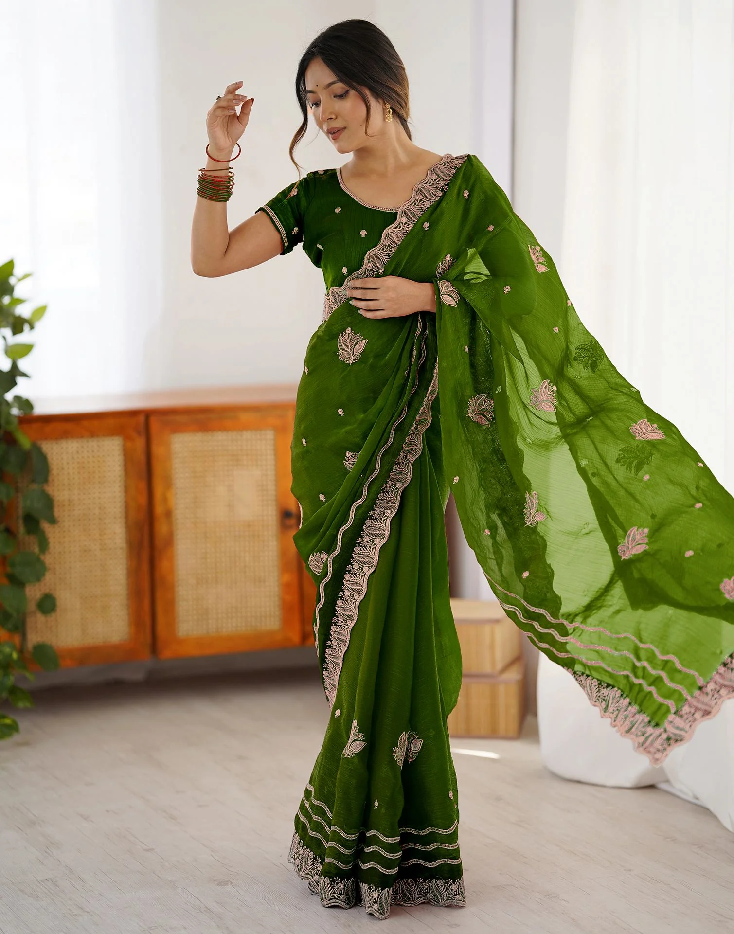 Dark Green Shimmer Embroidery Saree - Image 9