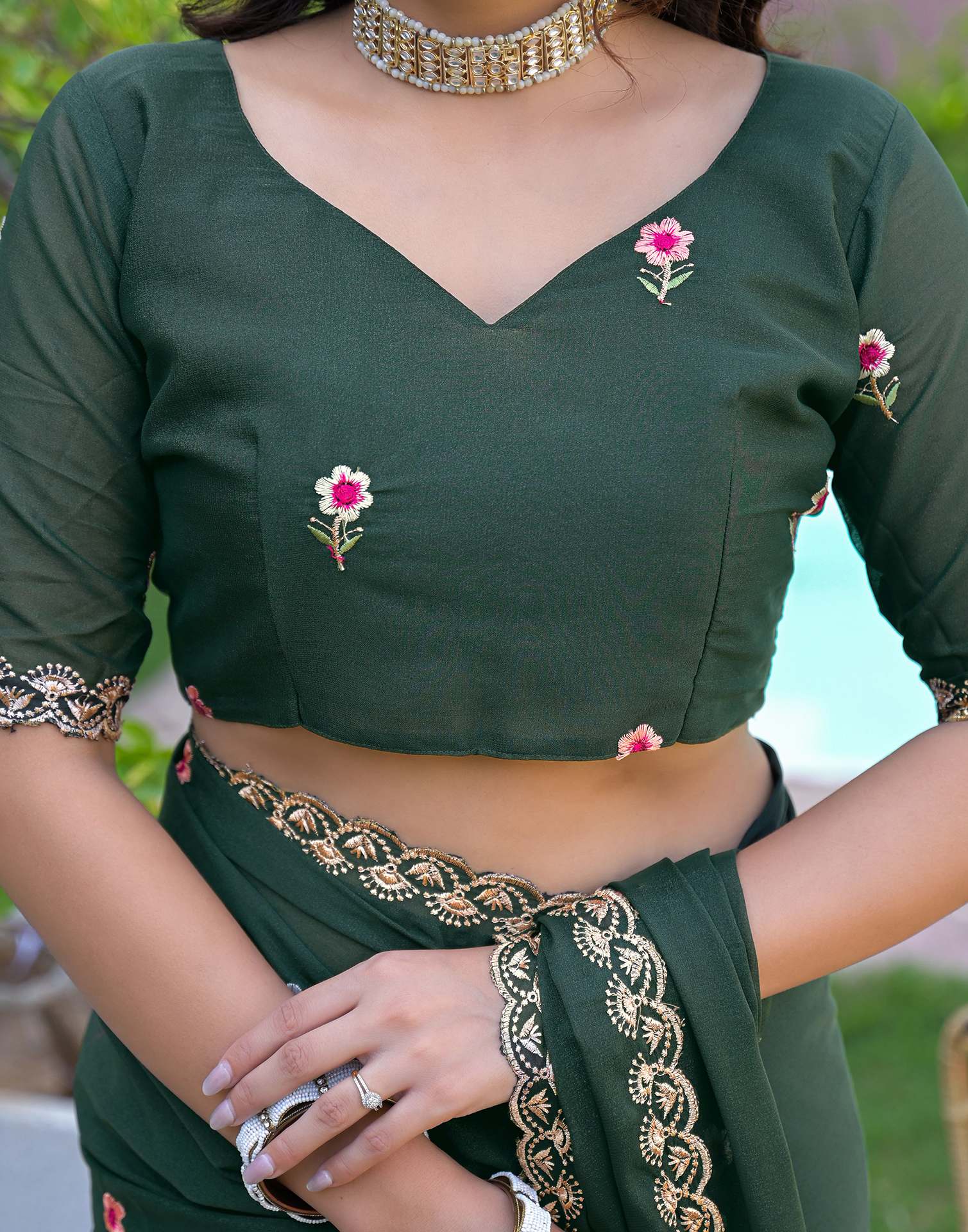 Dark Green Shimmer Georgette Embroidery Saree - Image 10