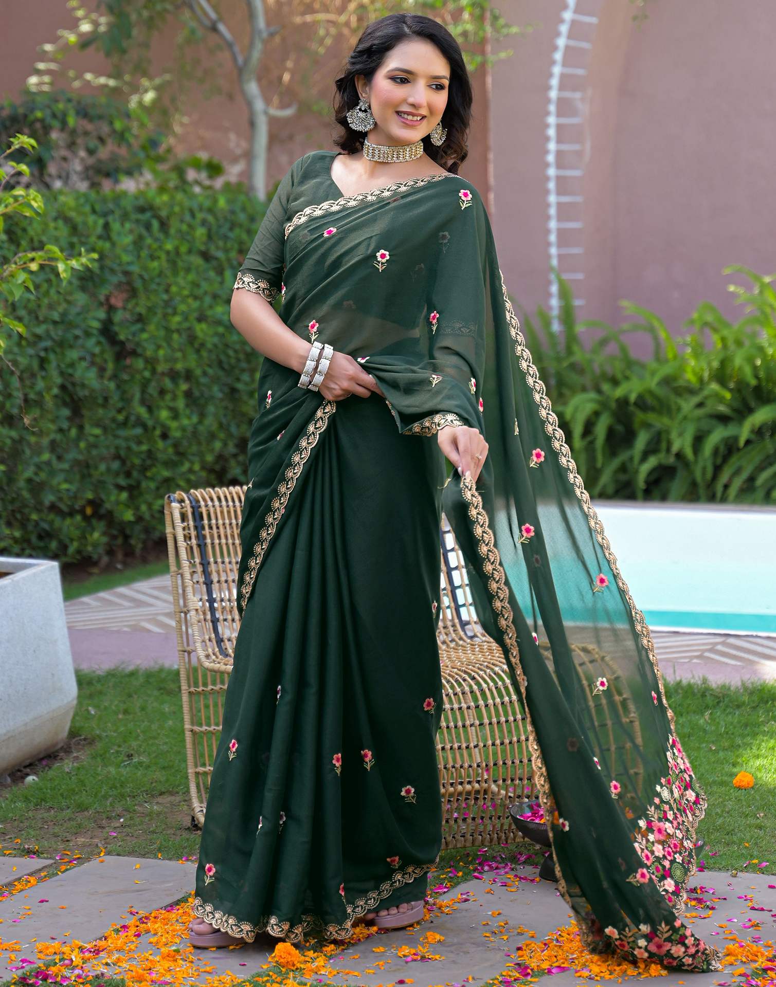 Dark Green Shimmer Georgette Embroidery Saree - Image 4