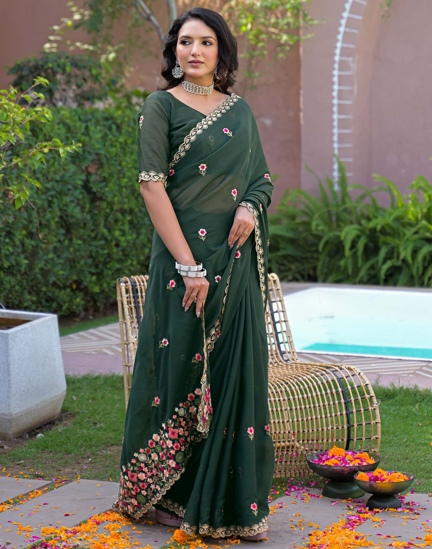 Dark Green Shimmer Georgette Embroidery Saree - Image 5