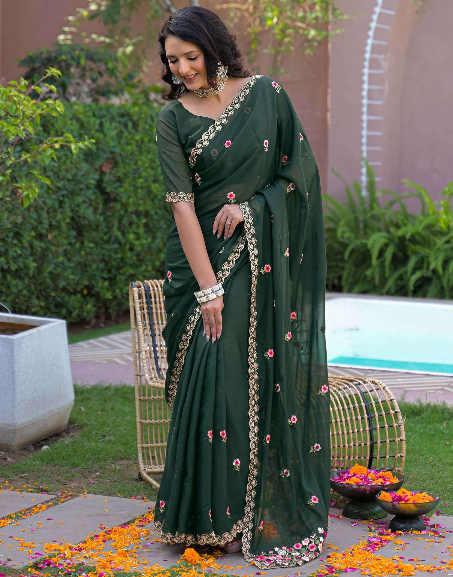 Dark Green Shimmer Georgette Embroidery Saree - Image 7