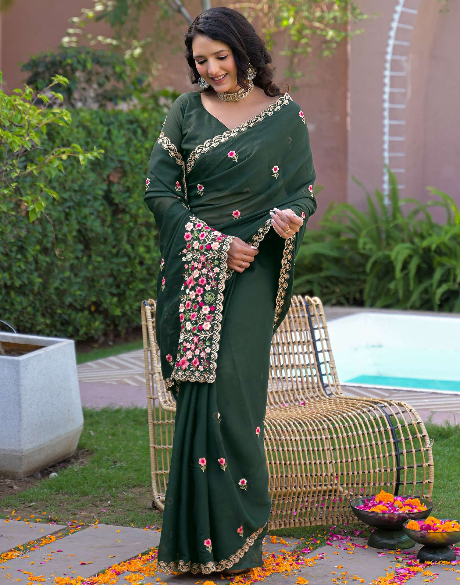 Dark Green Shimmer Georgette Embroidery Saree - Image 8