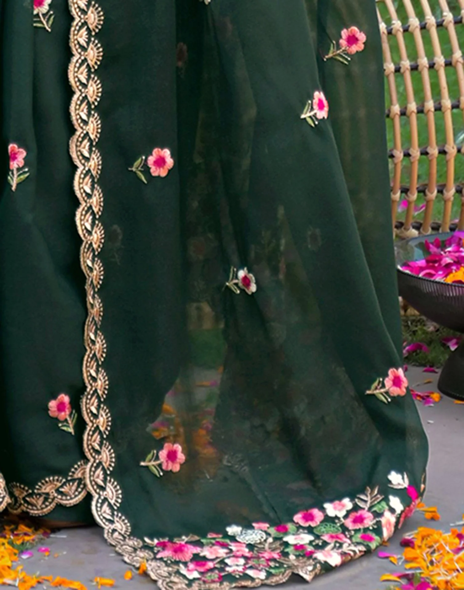 Dark Green Shimmer Georgette Embroidery Saree - Image 9