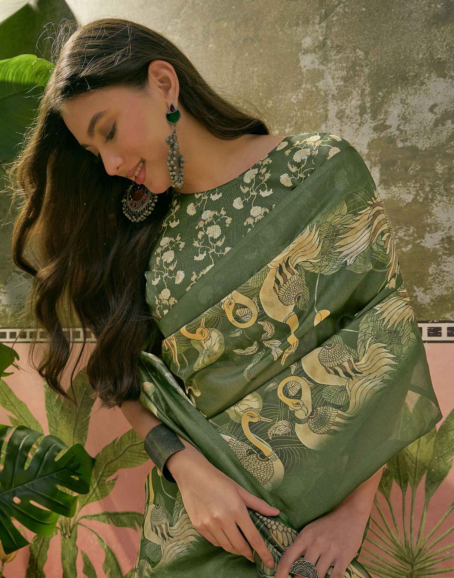 Dark Green Shimmer Silk Printed Saree - Image 2
