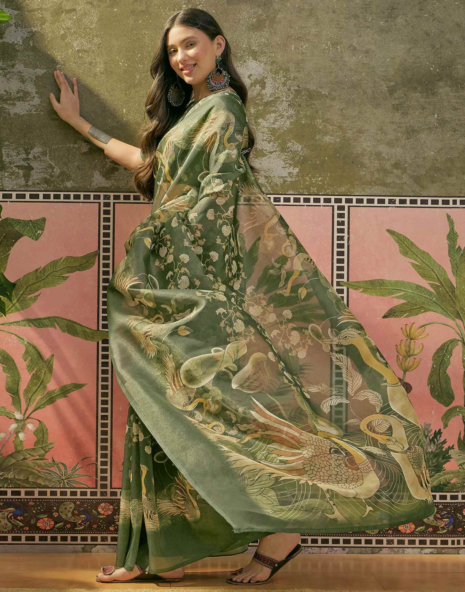 Dark Green Shimmer Silk Printed Saree - Image 5