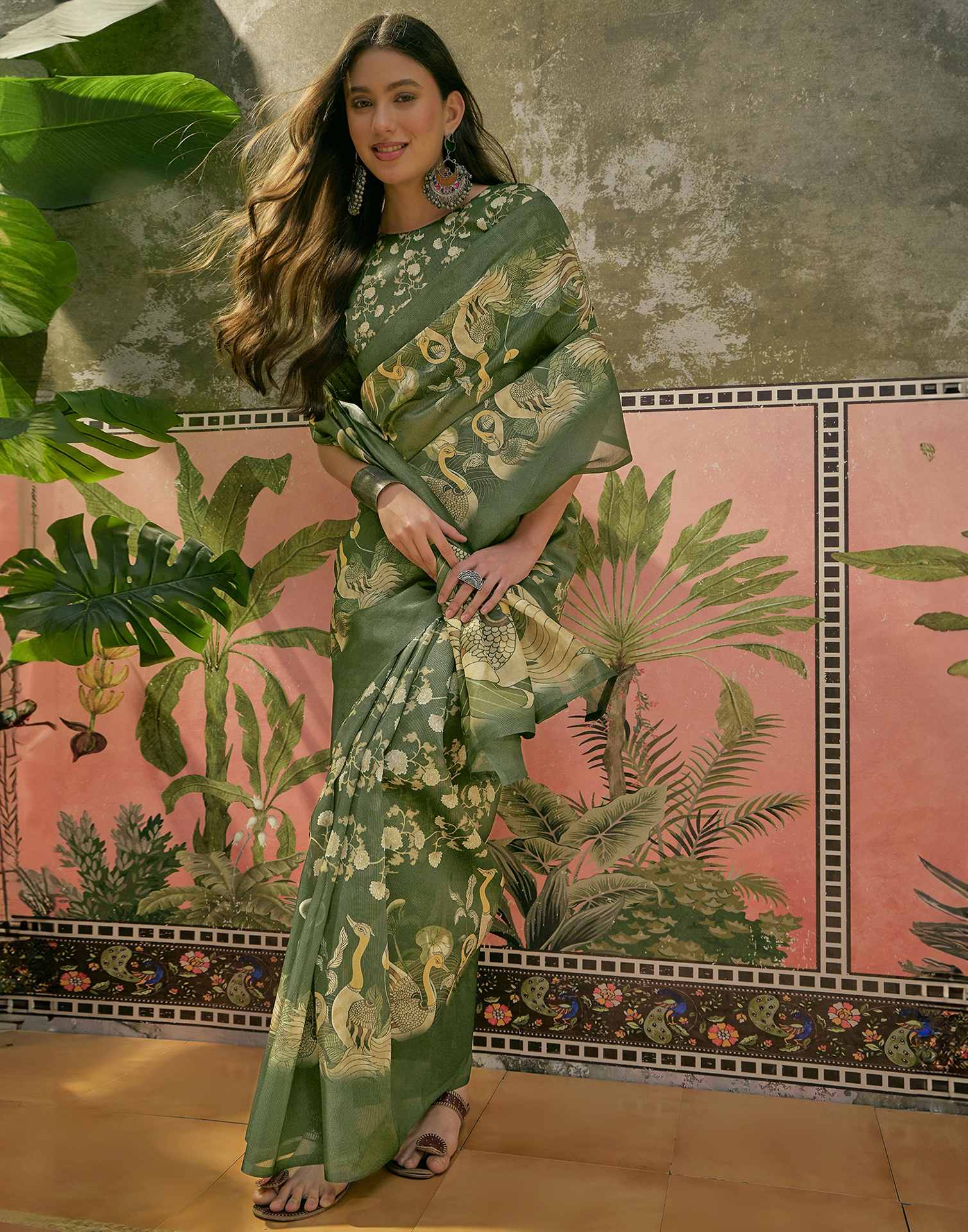 Dark Green Shimmer Silk Printed Saree - Image 6