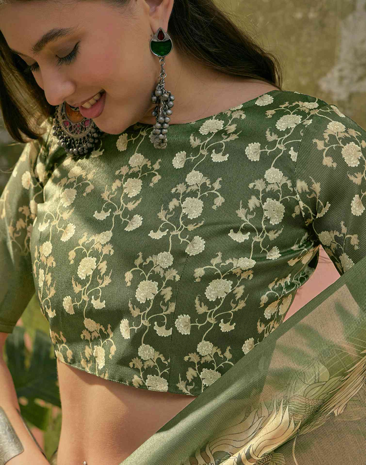 Dark Green Shimmer Silk Printed Saree - Image 8