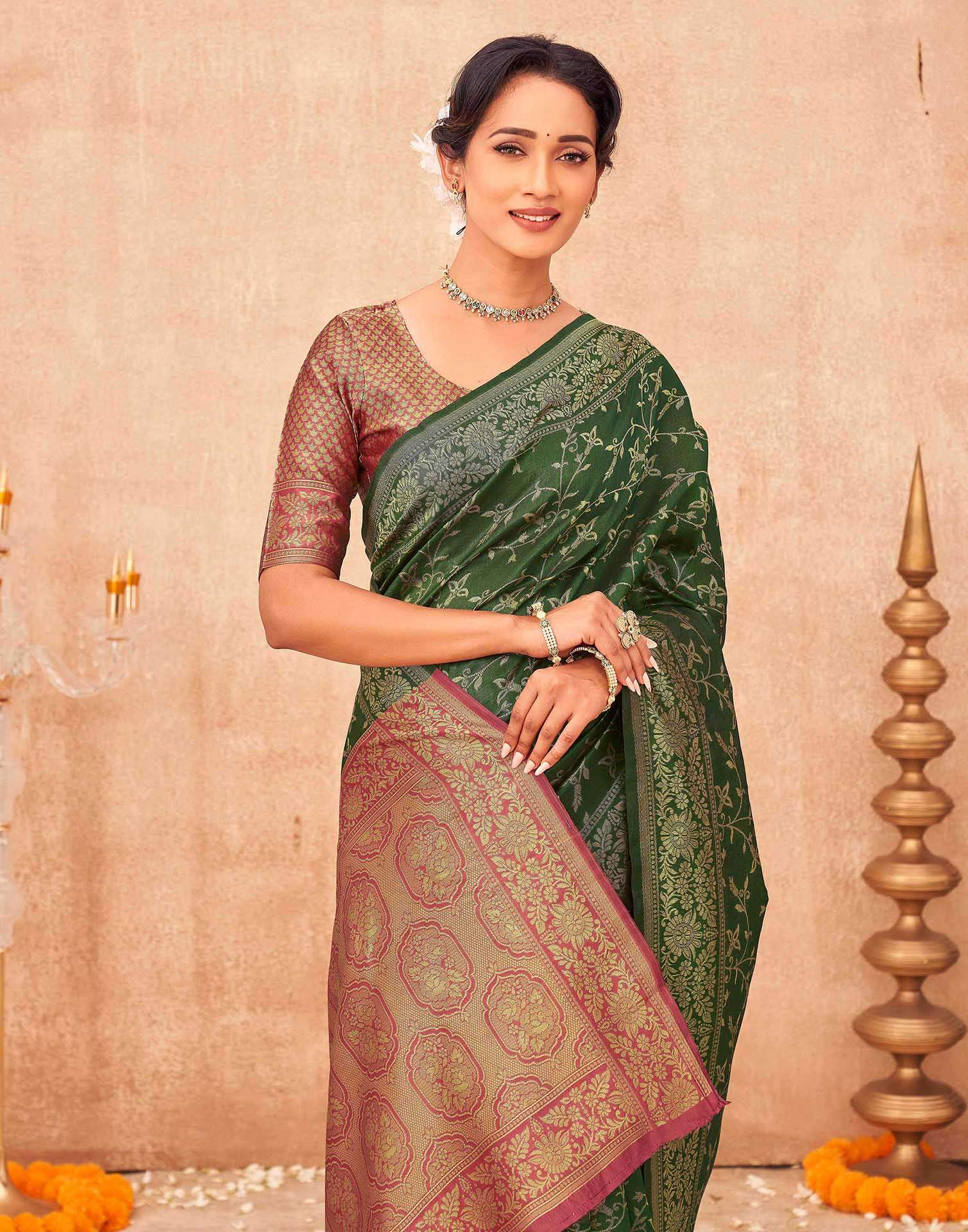 Dark Green Shimmer Silk Woven Banarasi Saree - Image 2