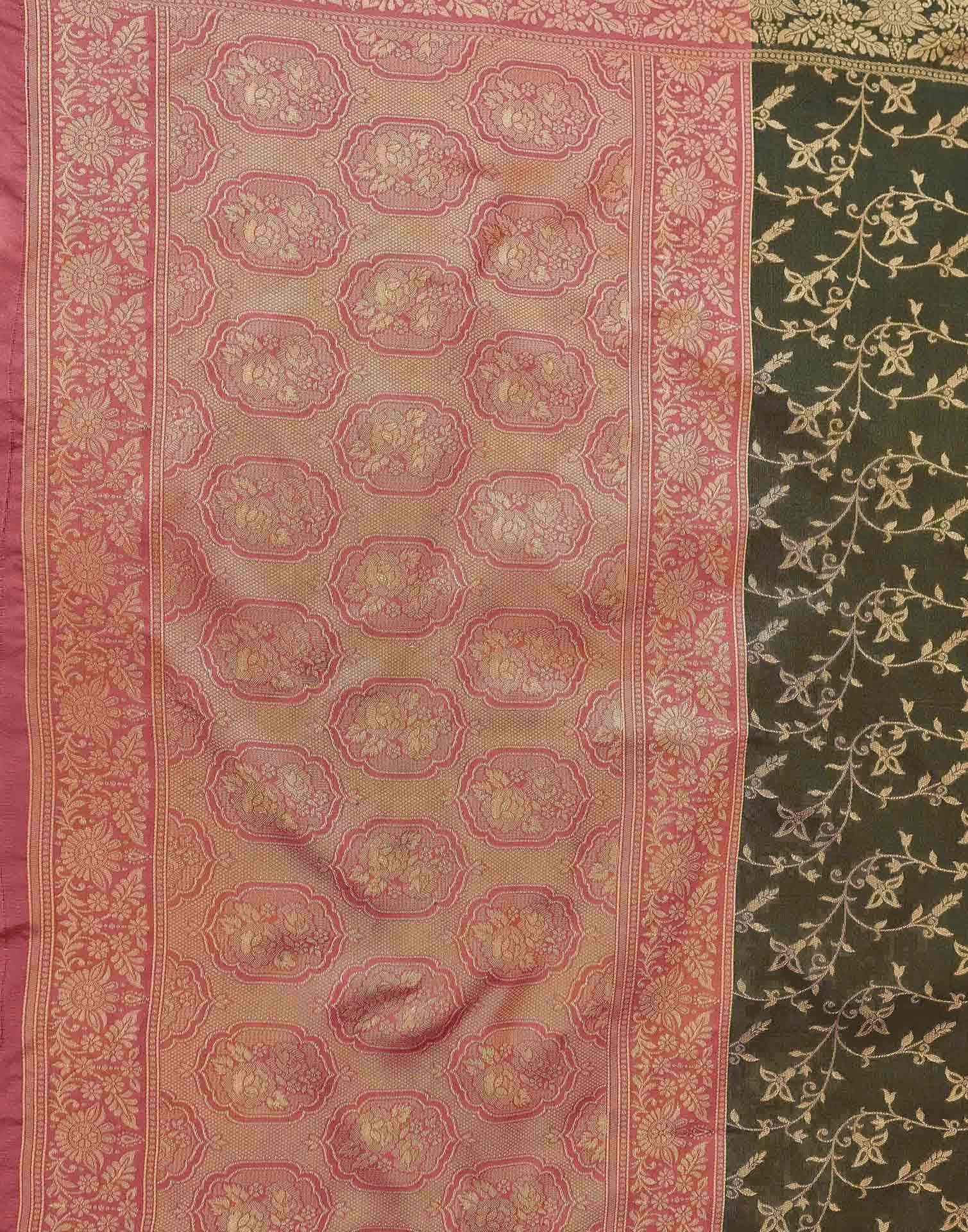 Dark Green Shimmer Silk Woven Banarasi Saree - Image 8