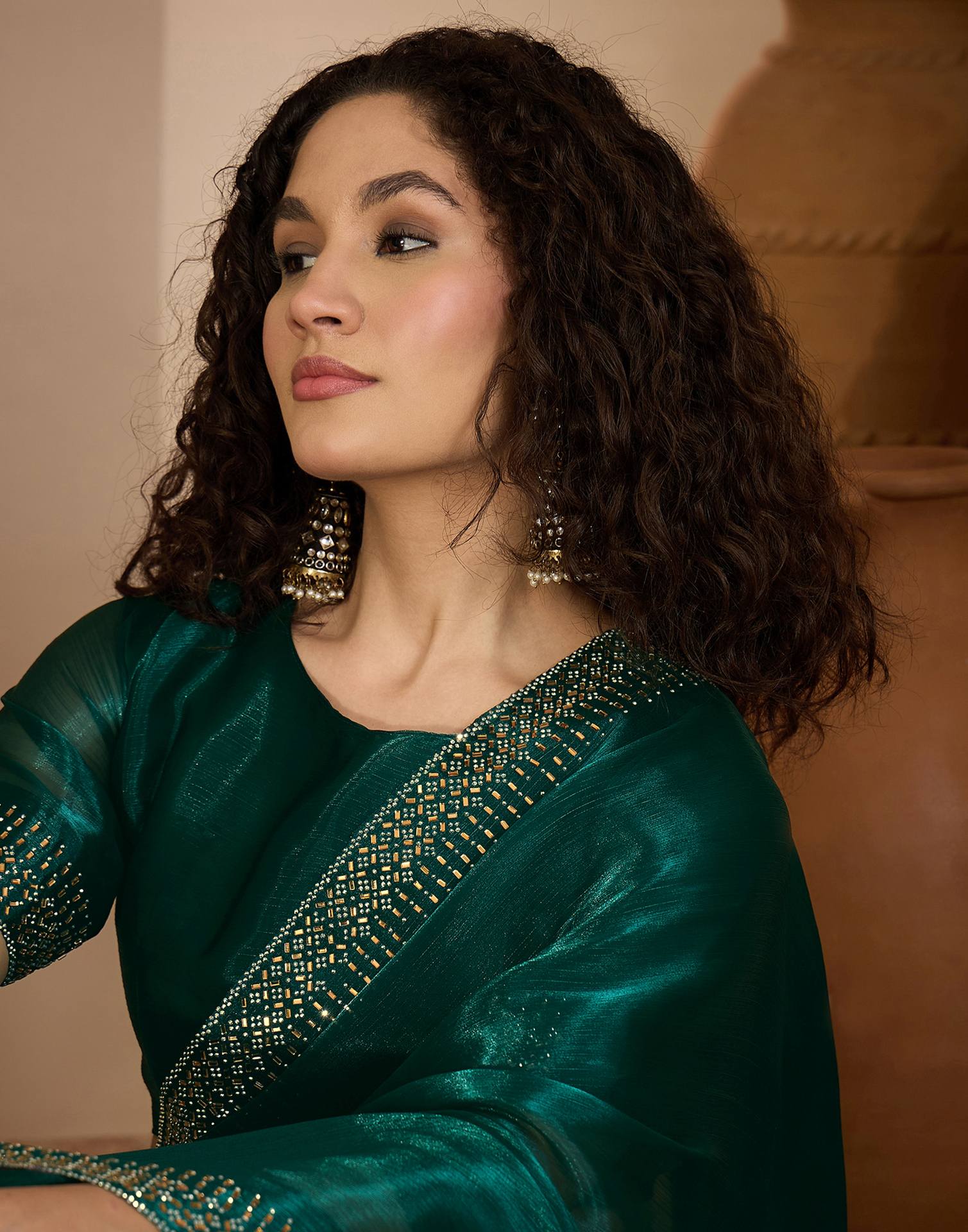 Dark Green Shimmer Stone Work Embellished Saree - Image 2
