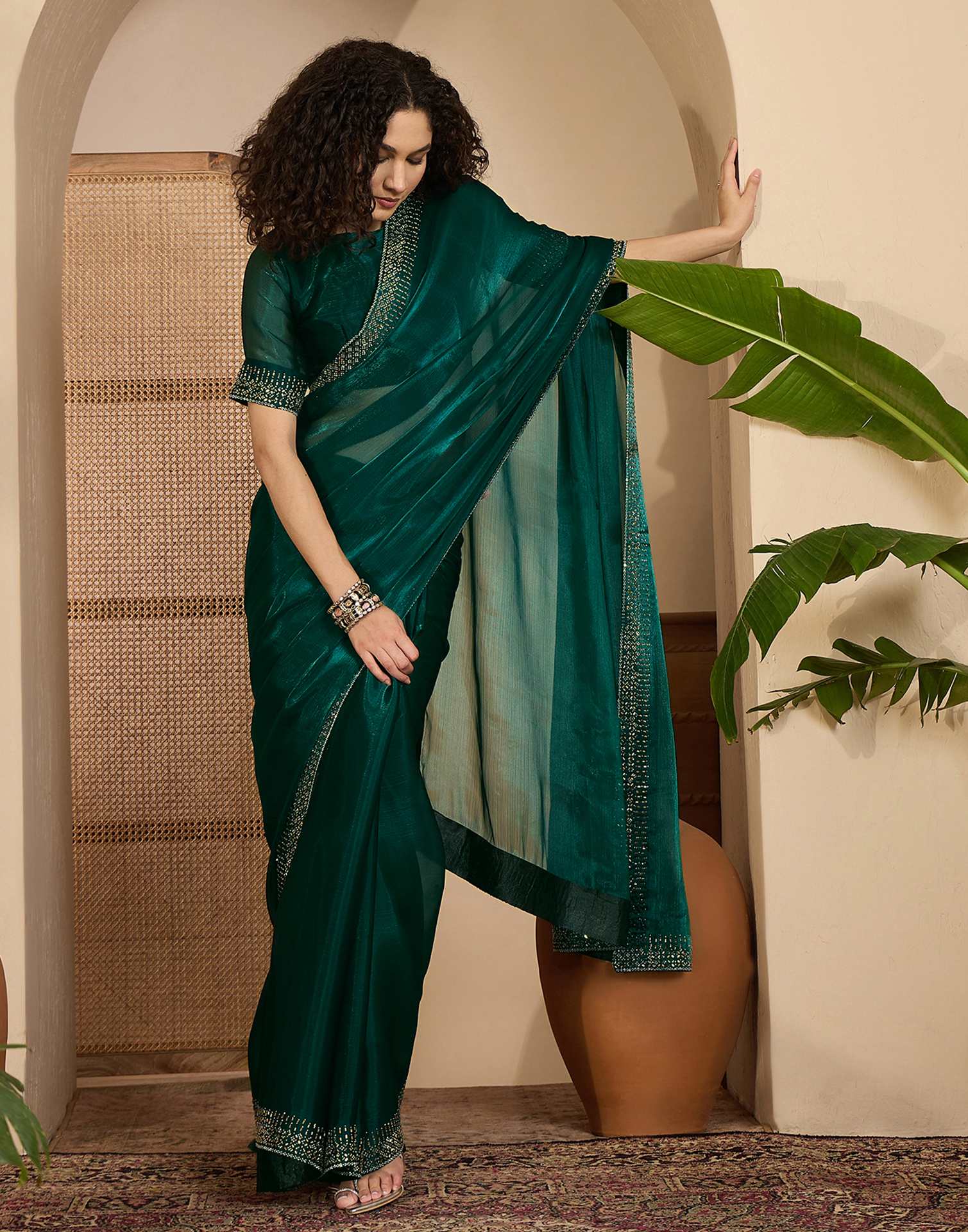 Dark Green Shimmer Stone Work Embellished Saree - Image 5