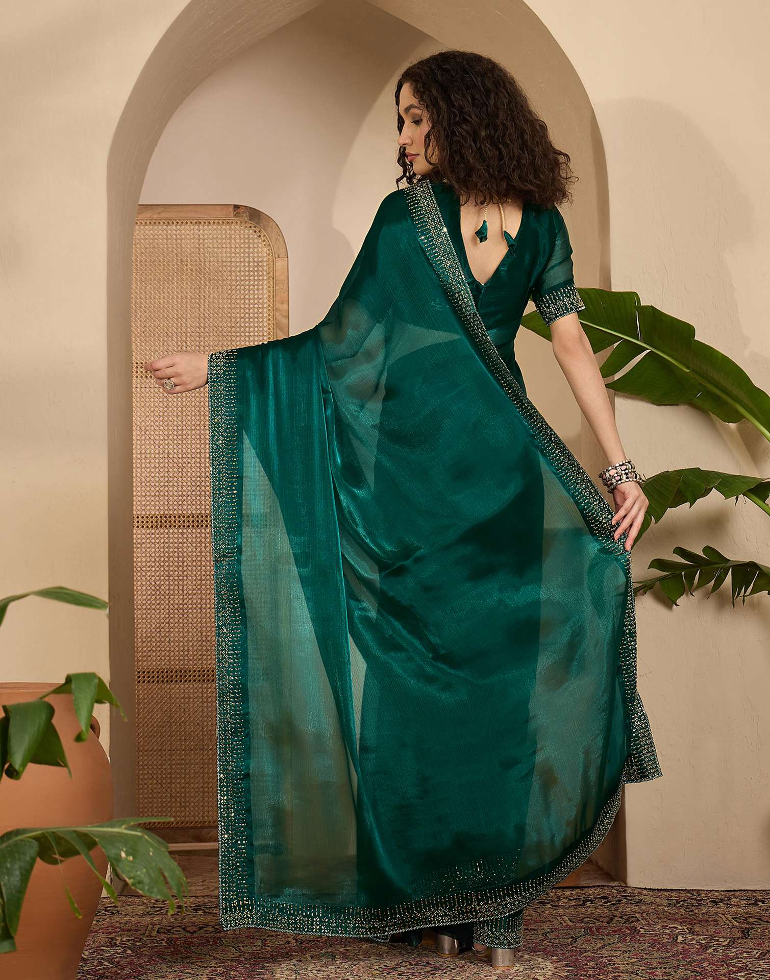 Dark Green Shimmer Stone Work Embellished Saree - Image 6