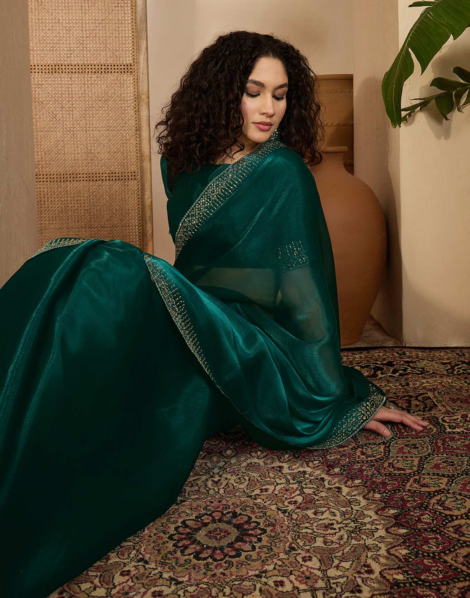 Dark Green Shimmer Stone Work Embellished Saree - Image 7