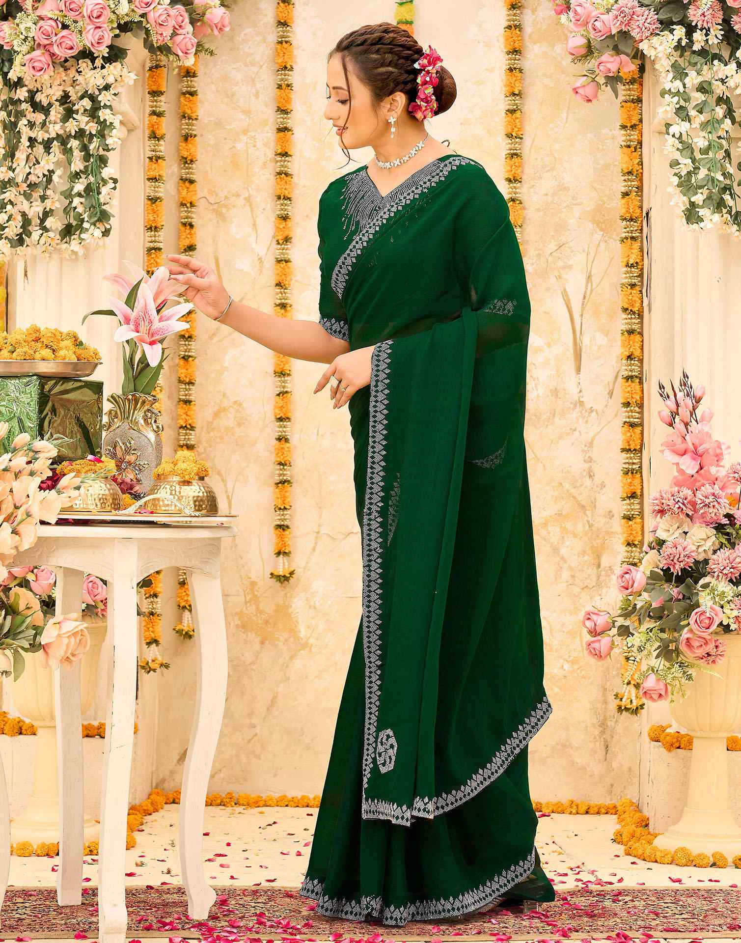 Dark Green Shimmer Stone Work Swarovski Saree - Image 4